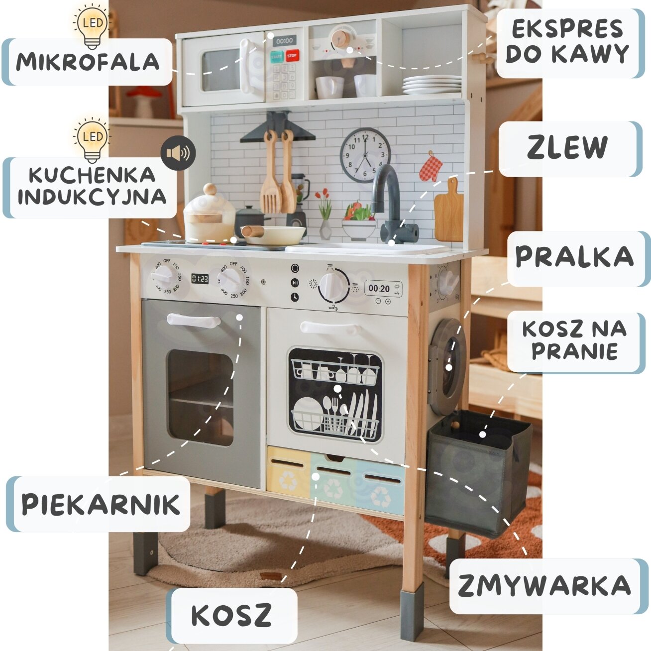 WOOPIE GREEN Medinė interaktyvi virtuvėlė 9in1 su skalbykle ir lenta 2
