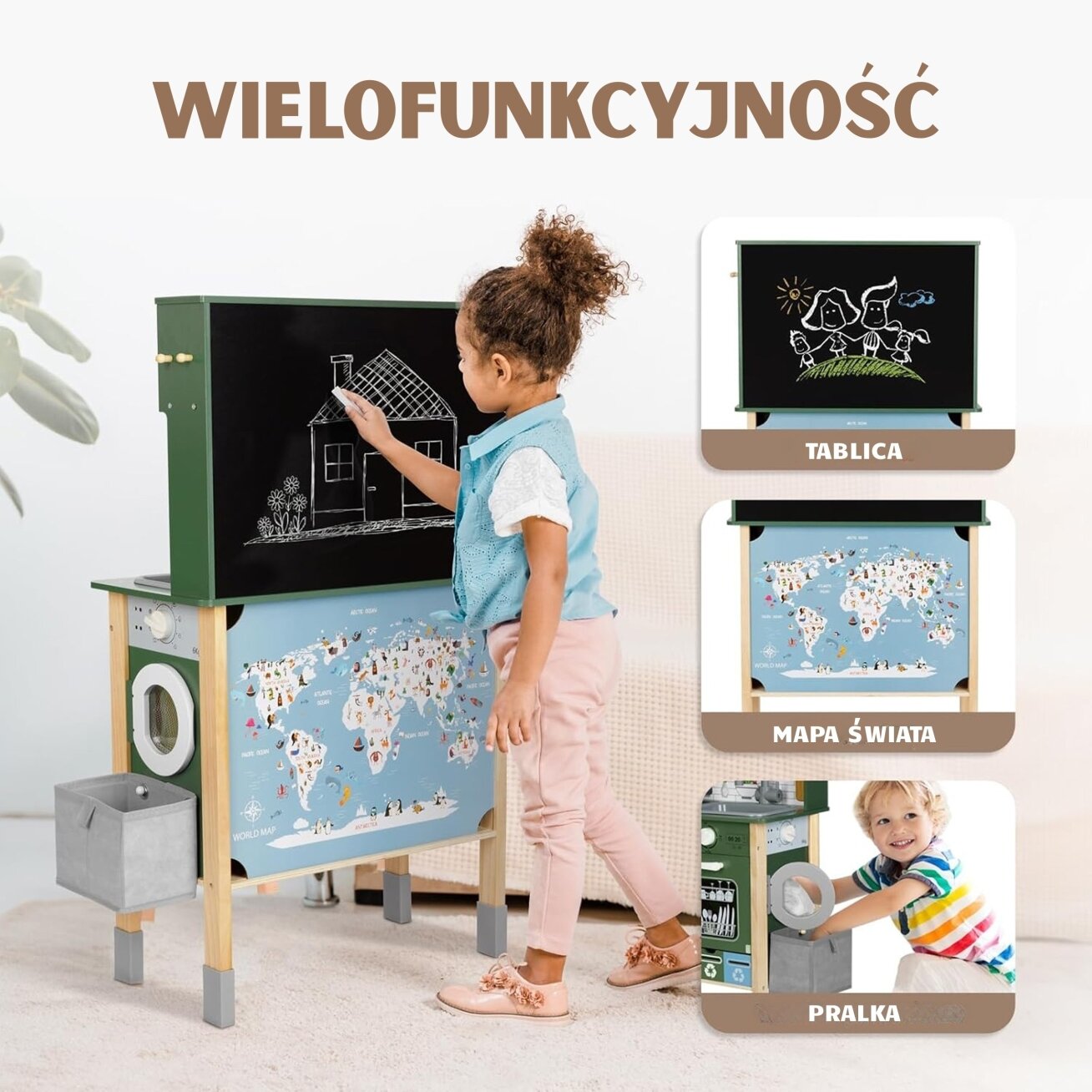 WOOPIE GREEN Medinė interaktyvi virtuvėlė 9in1 su skalbykle ir lenta 13 WOOPIE GREEN Medinė interaktyvi virtuvėlė 9in1 su skalbykle ir lenta 13