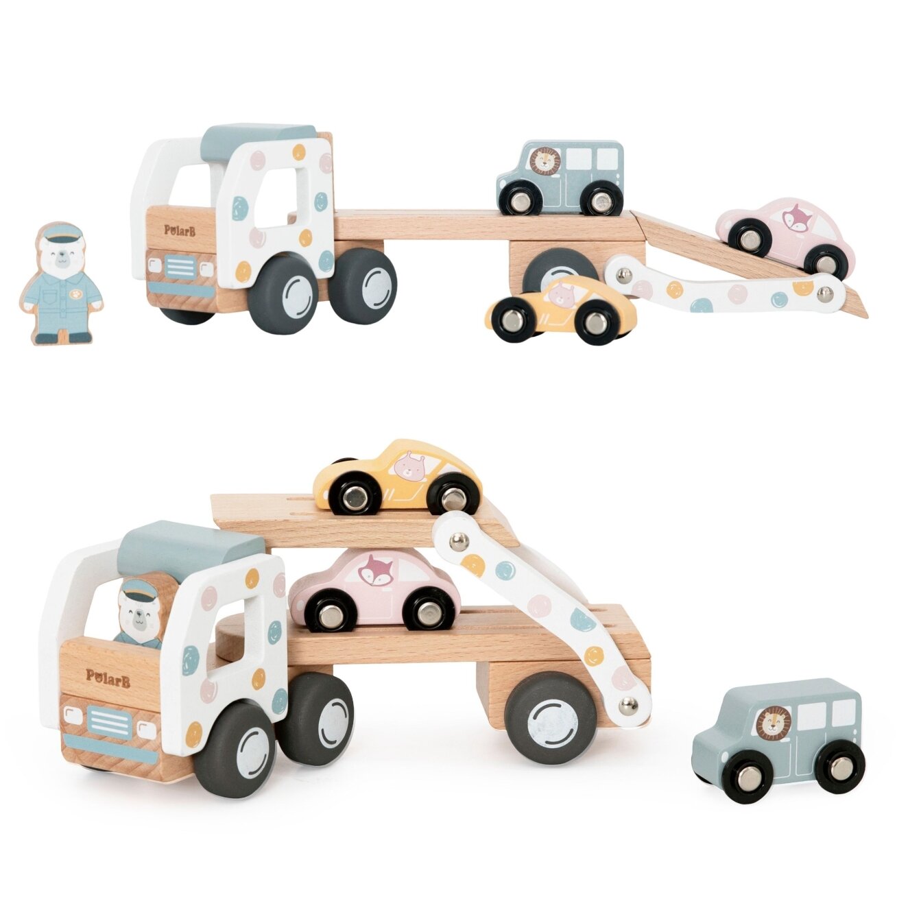 VIGA PolarB medinis autovežis transporteris 3 automobiliukai su vairuotoju 18m+ 6 VIGA PolarB medinis autovežis transporteris 3 automobiliukai su vairuotoju 18m+ 6