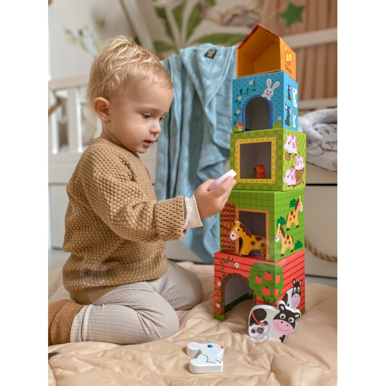 WOOPIE GREEN Edukacinė dėlionė Ūkis kubeliais dėžutėse + figūrėlės 10 el. 2