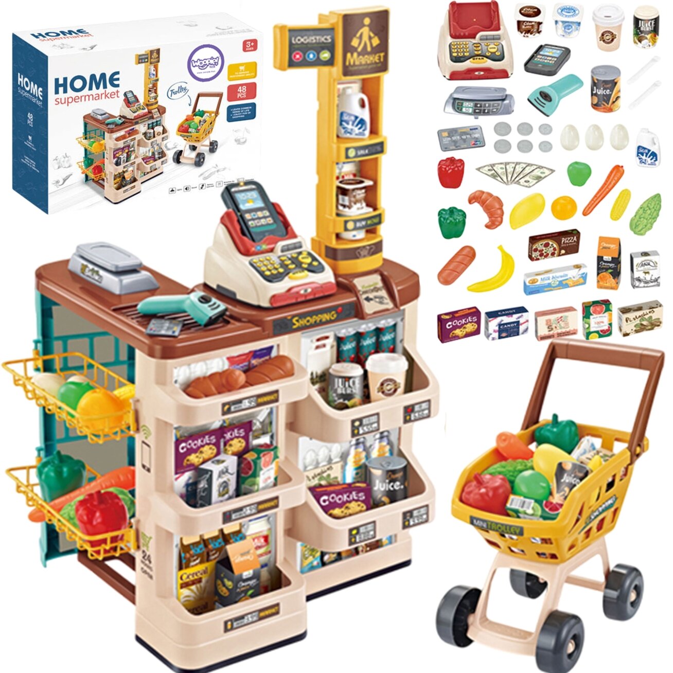 WOOPIE Parduotuvė–supermarketas su vežimėliu, svarstyklės, kasa, skeneris + 48 priedai WOOPIE Parduotuvė–supermarketas su vežimėliu, svarstyklės, kasa, skeneris + 48 priedai