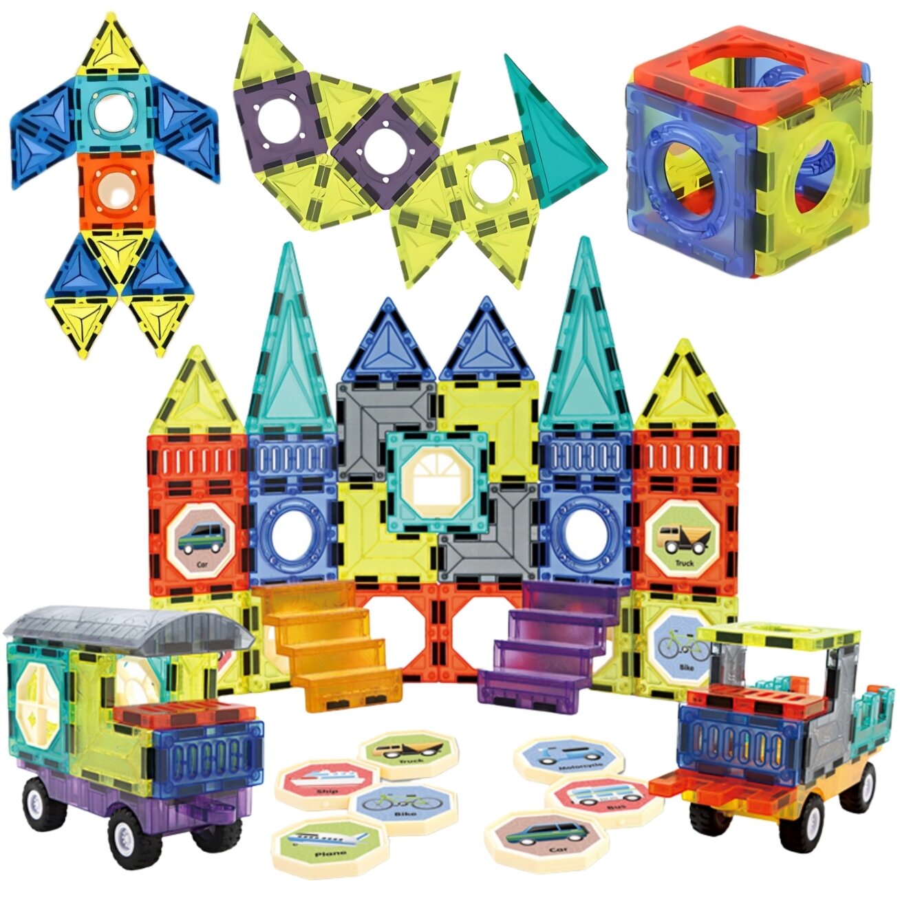 WOOPIE magnetinės 3D kaladėlės Rinkinys Pilis Transporto priemonės 71 vnt. 2
