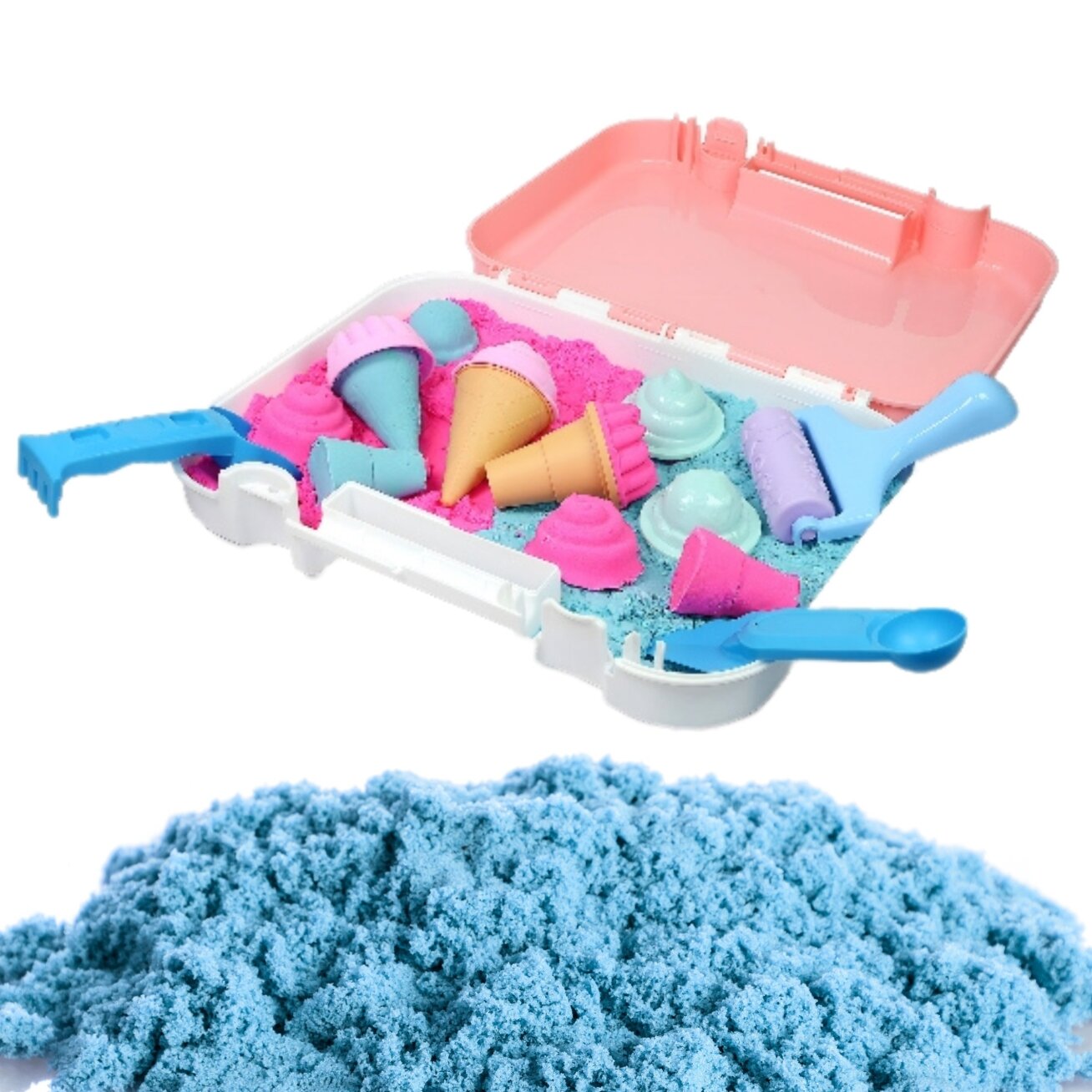 WOOPIE Kinetinio smėlio rinkinys Ledai lagaminėlyje 1 kg + priedai 3 WOOPIE Kinetinio smėlio rinkinys Ledai lagaminėlyje 1 kg + priedai 3