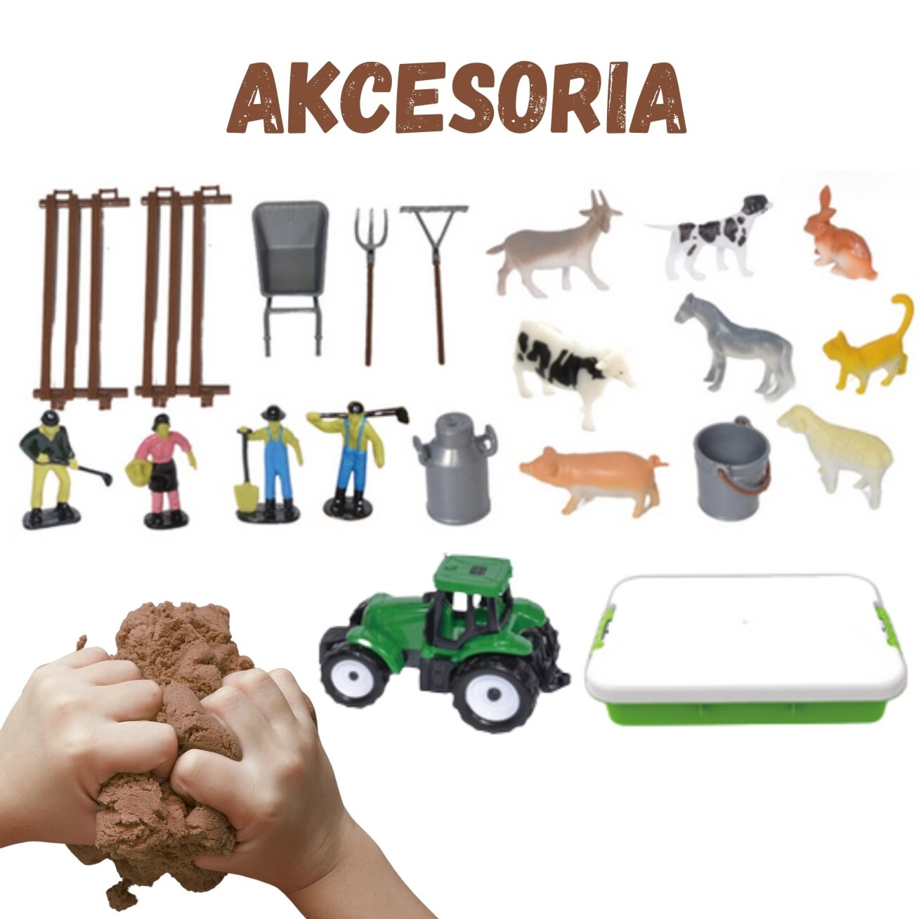 WOOPIE Kinetinio smėlio rinkinys Ūkis lagamine Traktorius Gyvūnai 1500g 2