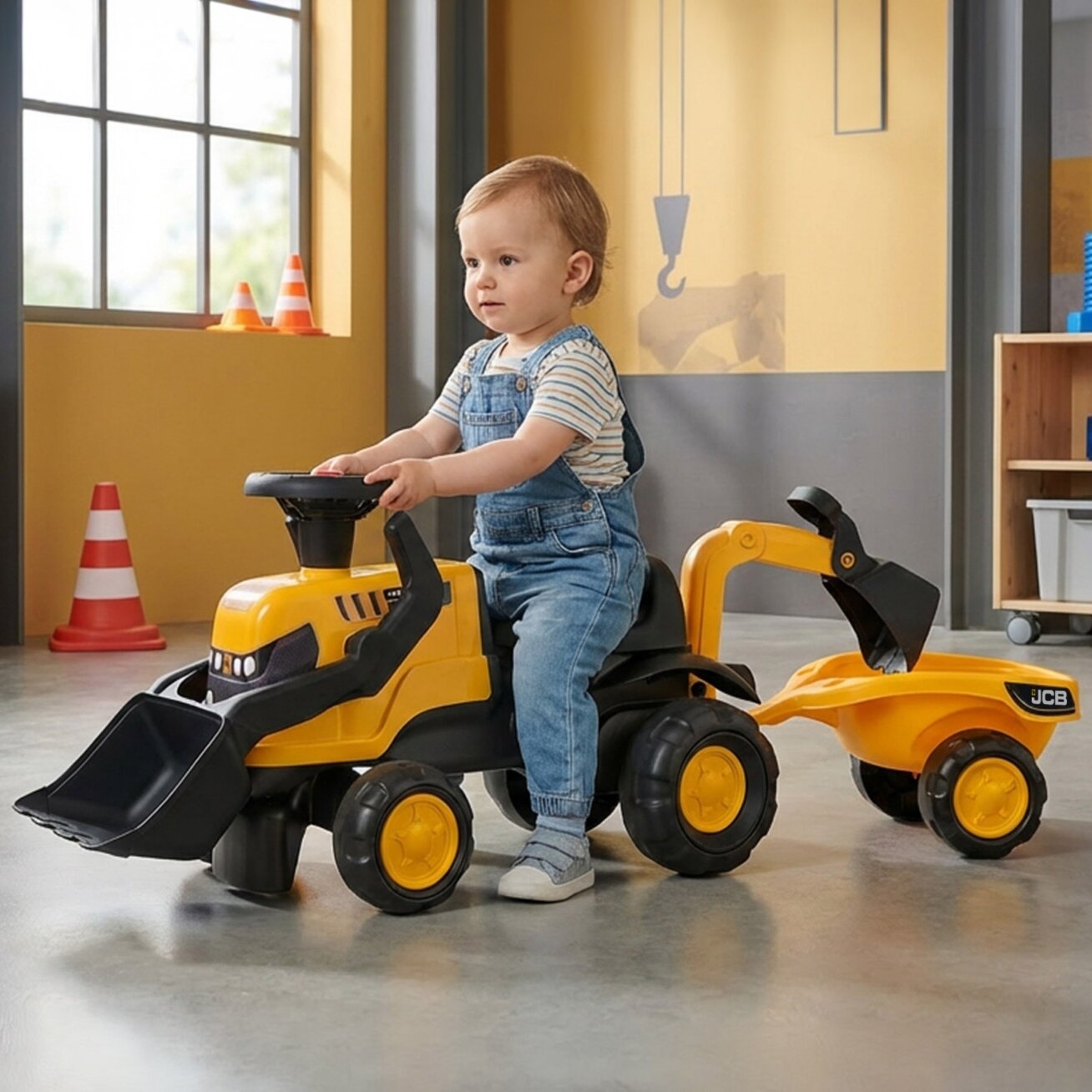 FALK Ežiukas traktorius JCB su priekaba, grėbliukais ir kastuvėliu, tylūs ratai 1–3 m. 1 FALK Ežiukas traktorius JCB su priekaba, grėbliukais ir kastuvėliu, tylūs ratai 1–3 m. 1