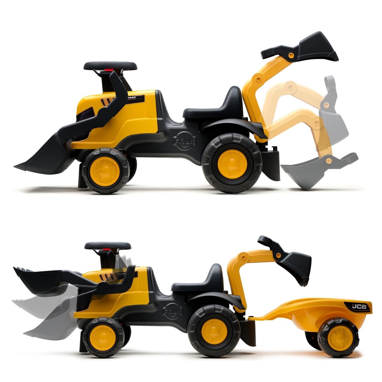 FALK Ežiukas traktorius JCB su priekaba, grėbliukais ir kastuvėliu, tylūs ratai 1–3 m. 2 FALK Ežiukas traktorius JCB su priekaba, grėbliukais ir kastuvėliu, tylūs ratai 1–3 m. 2