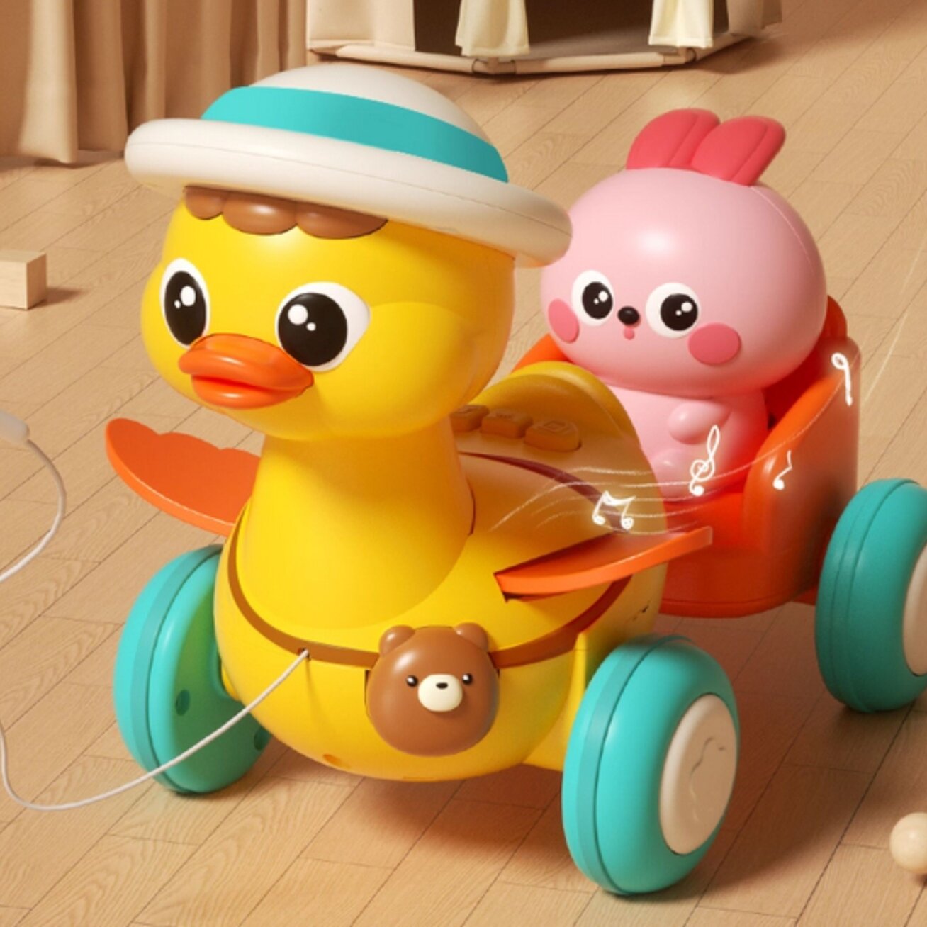 WOOPIE BABY geltona antytė su rožiniu kiškučiu priekabėlėje traukimui 1