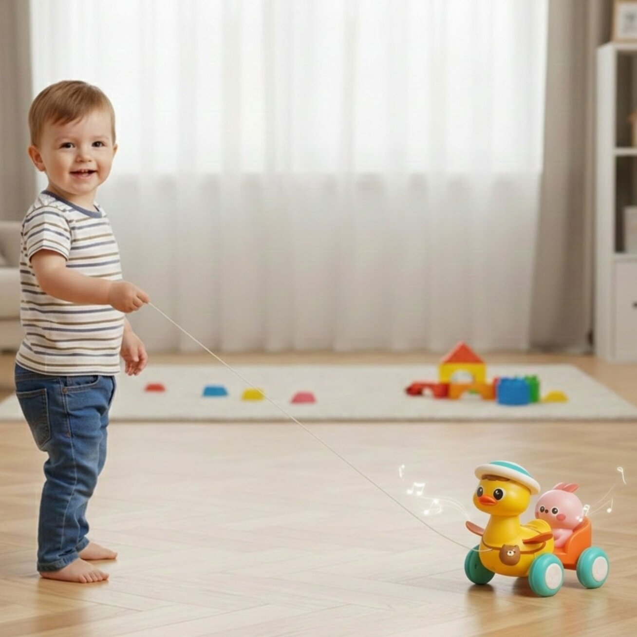 WOOPIE BABY geltona antytė su rožiniu kiškučiu priekabėlėje traukimui 2
