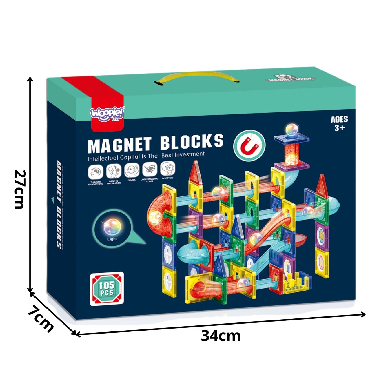 WOOPIE Magnetinės konstrukcinės 3D kaladėlės Edukacinis rinkinys Kamuoliukų trasa 105 el. 3