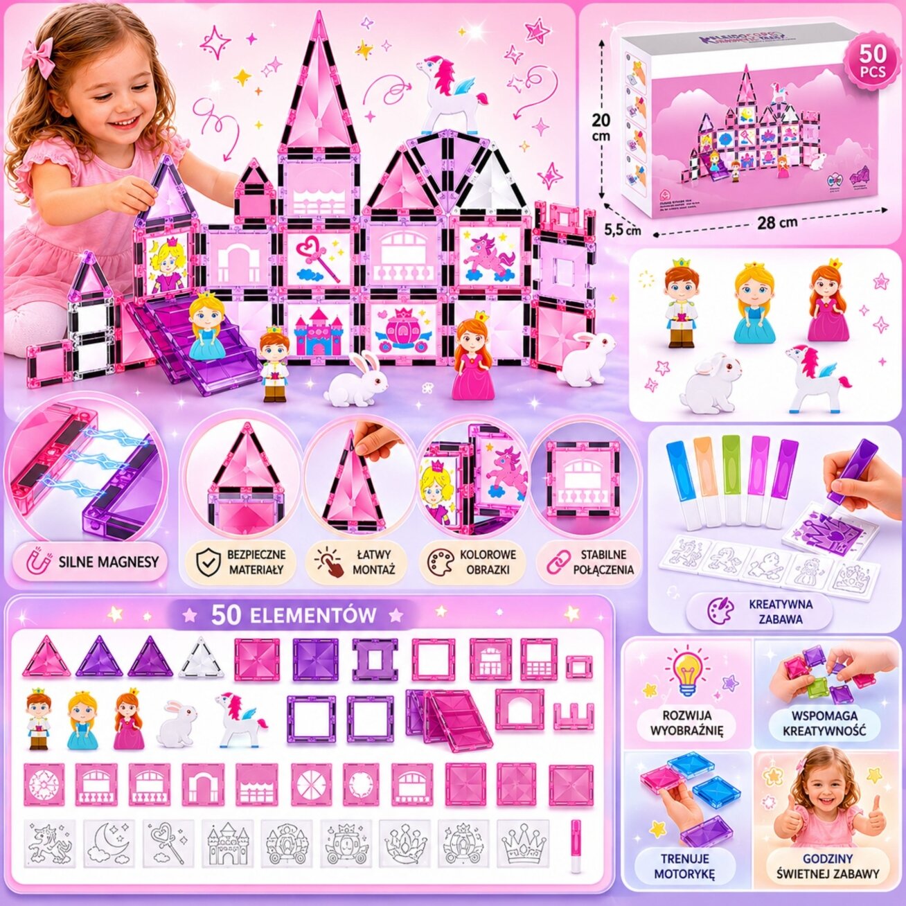 WOOPIE Magnetinių kaladėlių rinkinys Princesės pilis 50 vnt. 15 WOOPIE Magnetinių kaladėlių rinkinys Princesės pilis 50 vnt. 15