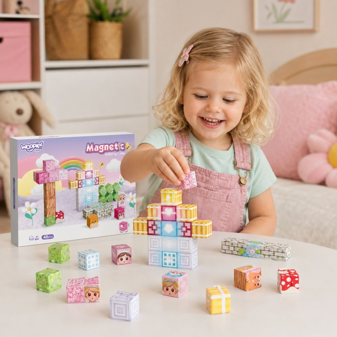 Woopie magnetiniai blokeliai kubeliai 48 vnt. Montessori edukacinė 3D dėlionė 1