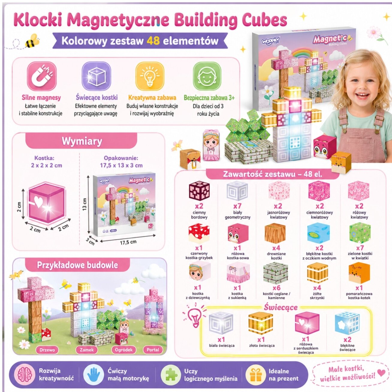Woopie magnetiniai blokeliai kubeliai 48 vnt. Montessori edukacinė 3D dėlionė 5