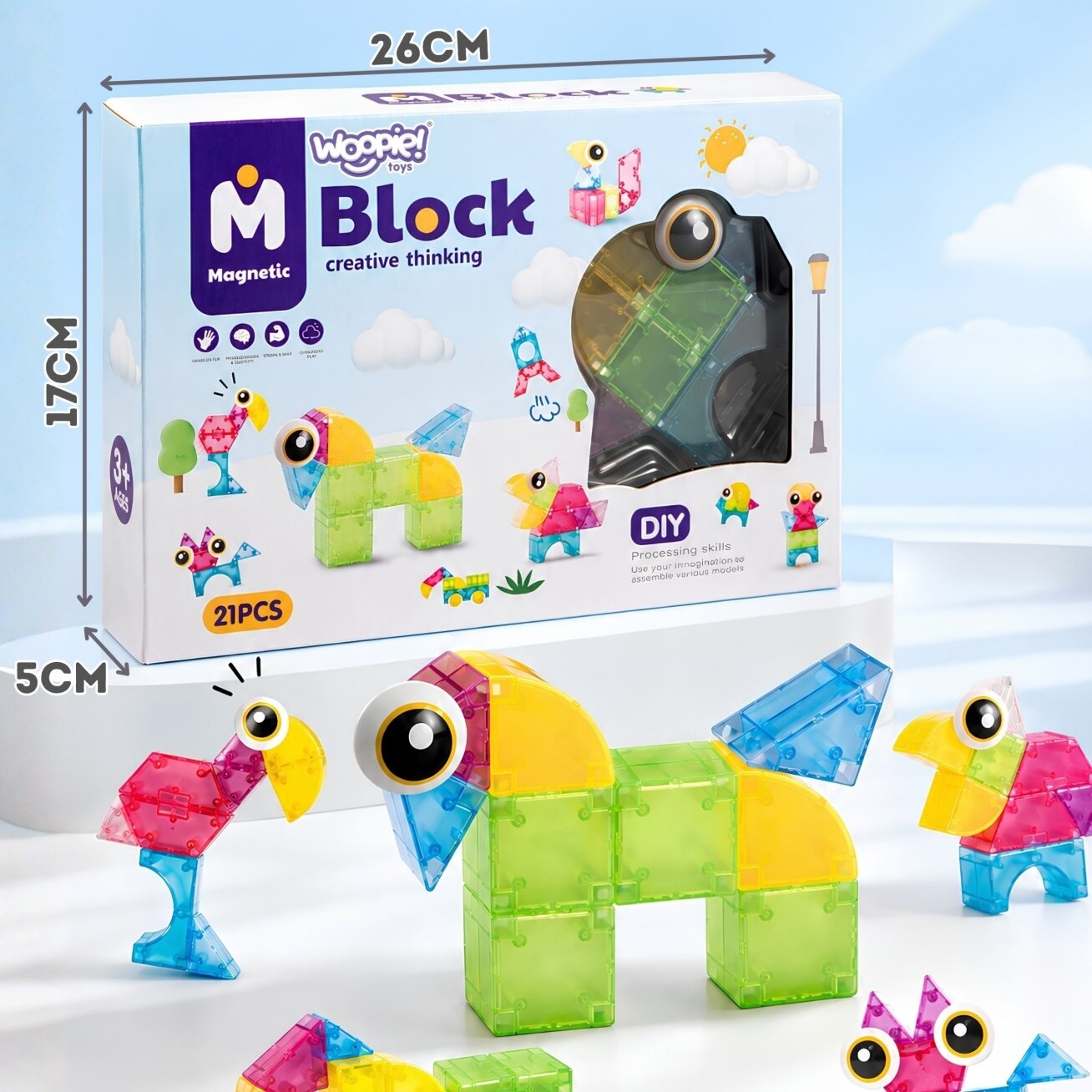 WOOPIE Magnetinės kaladėlės 21 el. M Block Kūrybinės Edukacinės Dovana 3D 3