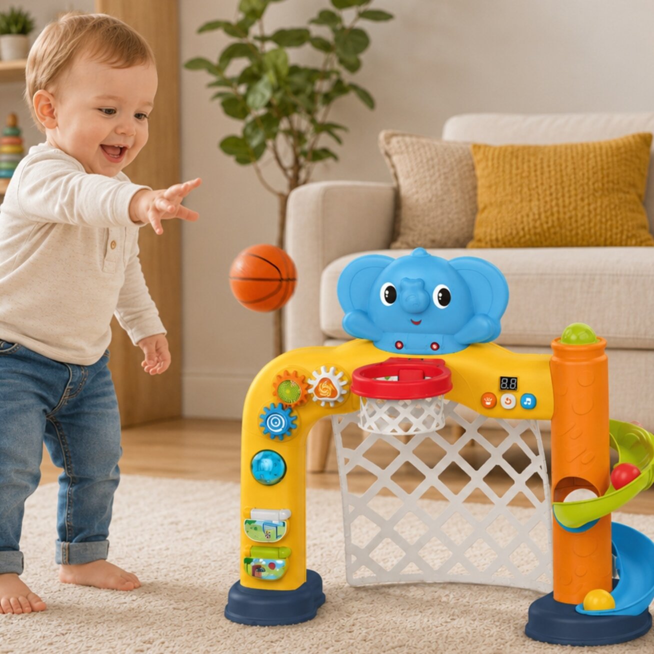 WOOPIE BABY Interaktyvus sporto centras 2in1: vartai ir krepšys su drambliuku 1