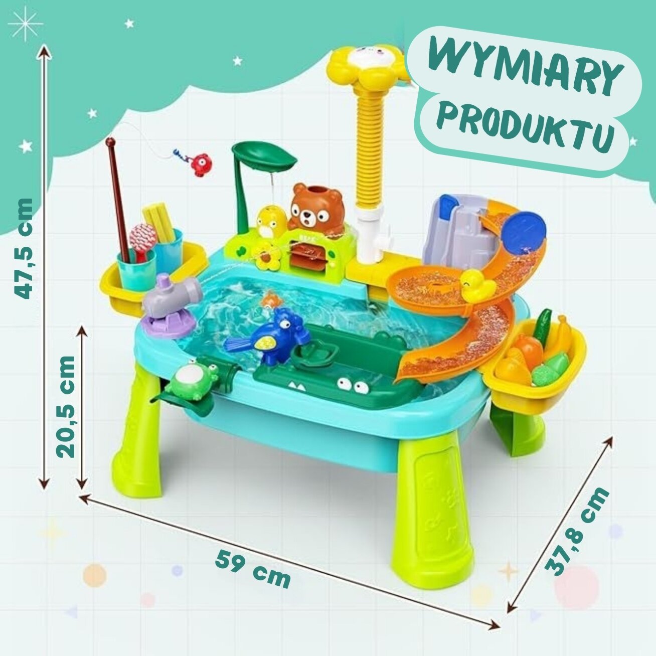 WOOPIE Vandens staliukas 4in1 žaidimas Žuvyčių gaudymas Kriauklė Vandens čiuožykla Gėlytė 4