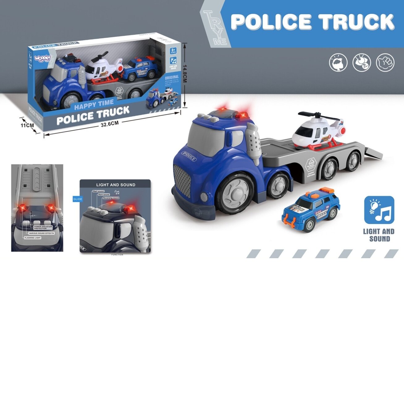 WOOPIE Mėlynas policijos autovežis City Truck garso ir šviesos efektai 7 WOOPIE Mėlynas policijos autovežis City Truck garso ir šviesos efektai 7
