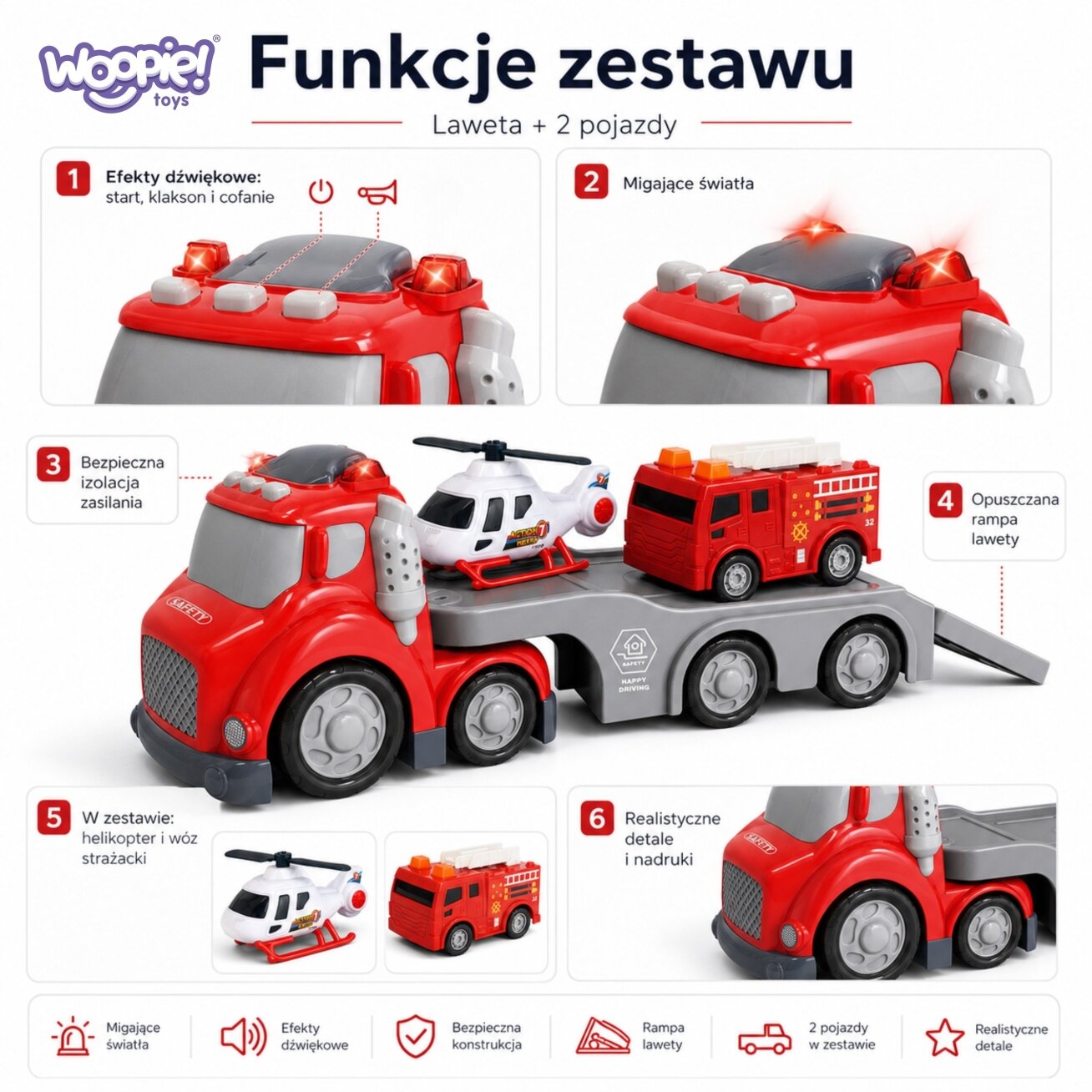 WOOPIE Raudonas ugniagesių tralas City Truck garso ir šviesos efektai 3 WOOPIE Raudonas ugniagesių tralas City Truck garso ir šviesos efektai 3