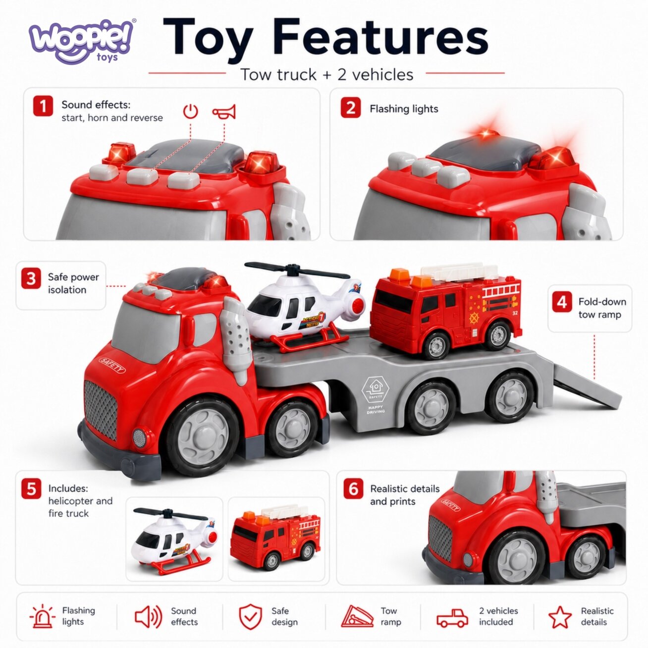 WOOPIE Raudonas ugniagesių tralas City Truck garso ir šviesos efektai 4 WOOPIE Raudonas ugniagesių tralas City Truck garso ir šviesos efektai 4
