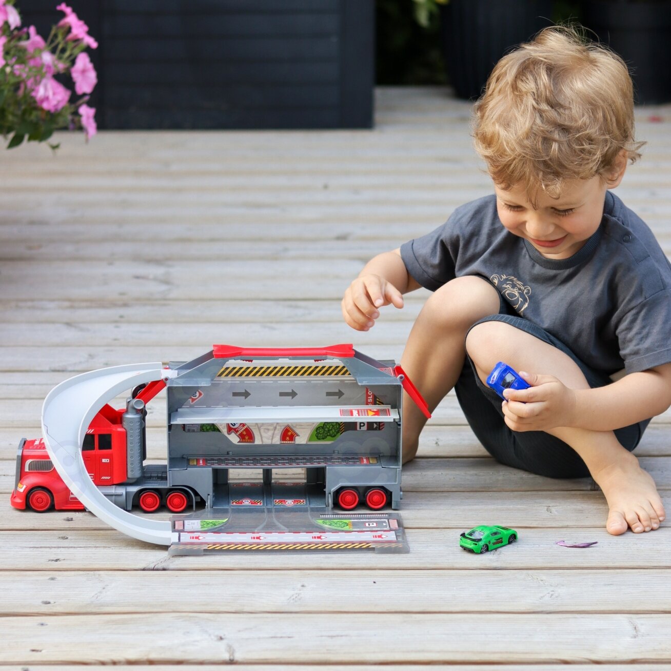 WOOPIE rinkinys: sunkvežimis autovežis, garažas, lenktynių trasa 1