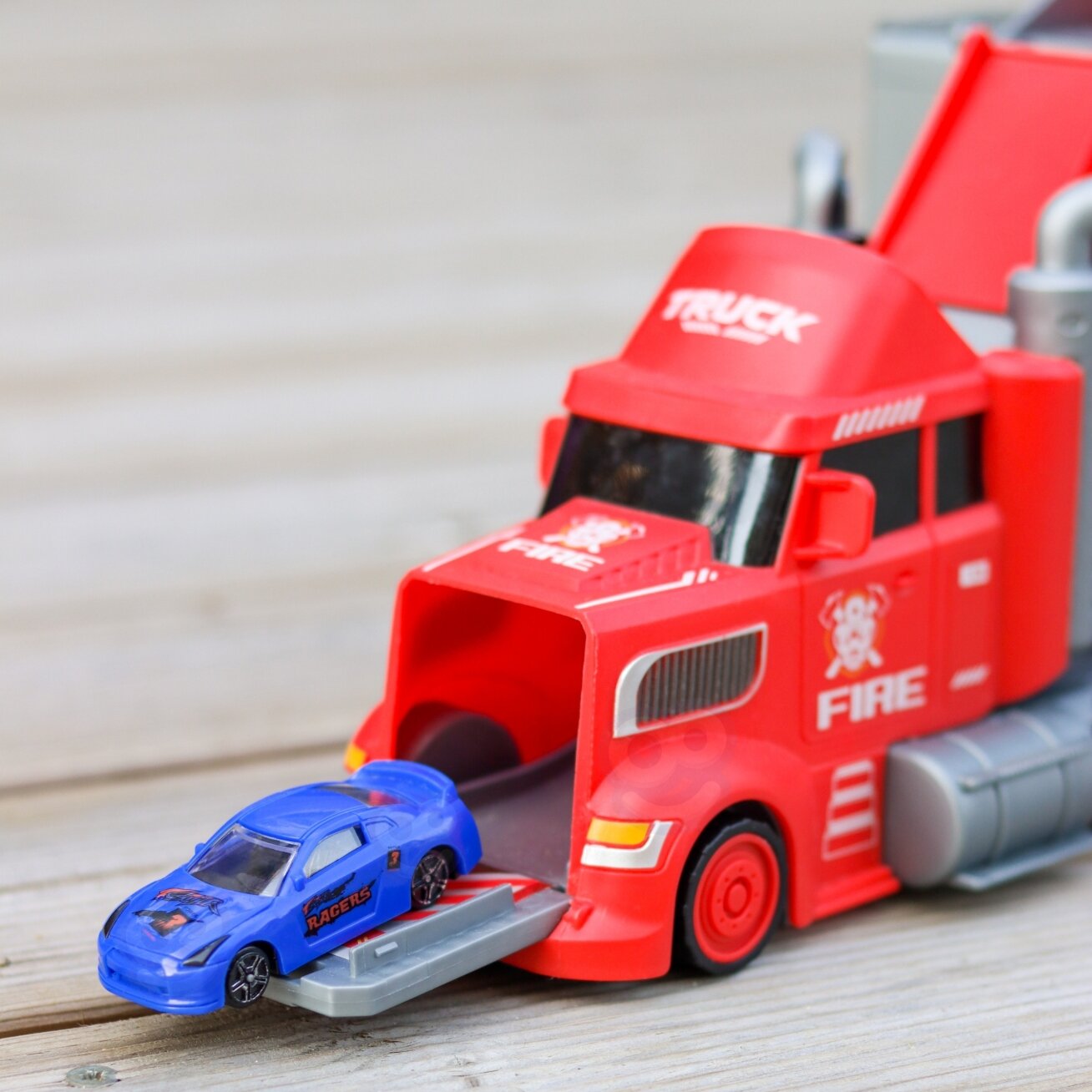 WOOPIE rinkinys: sunkvežimis autovežis, garažas, lenktynių trasa 2