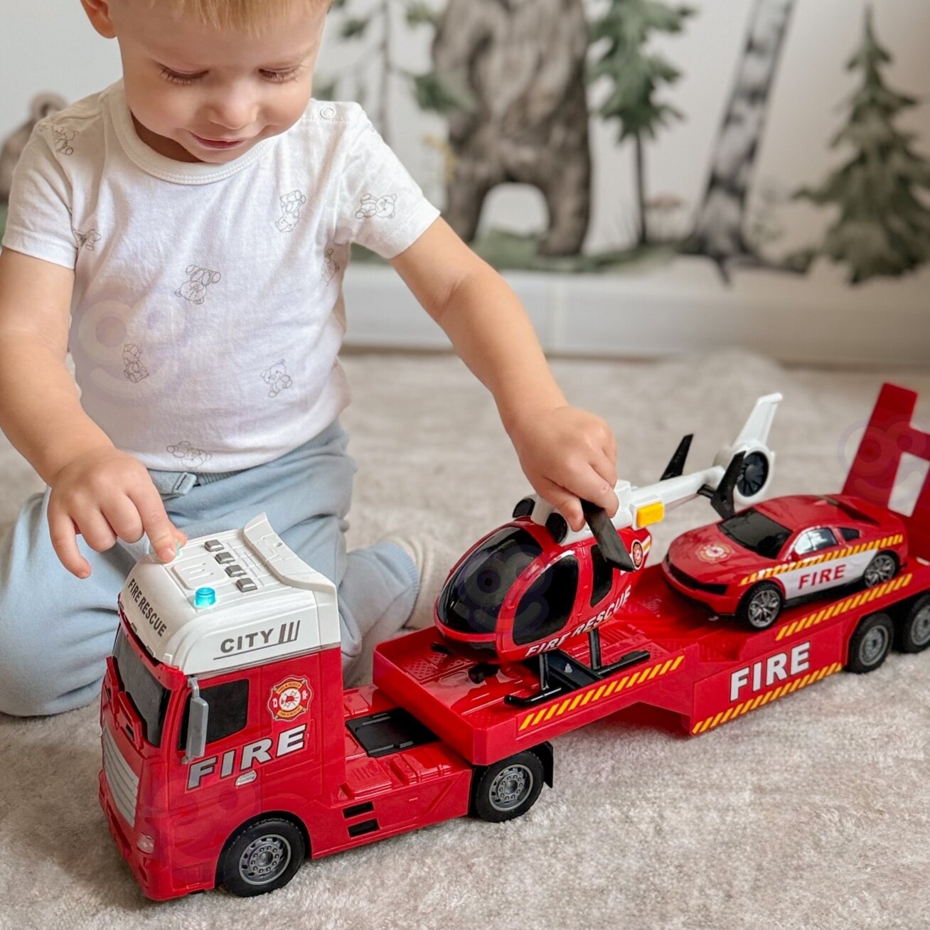 WOOPIE transporto priemonių rinkinys: ugniagesių autovežis, sraigtasparnis, automobilis, garsas, šviesos 4