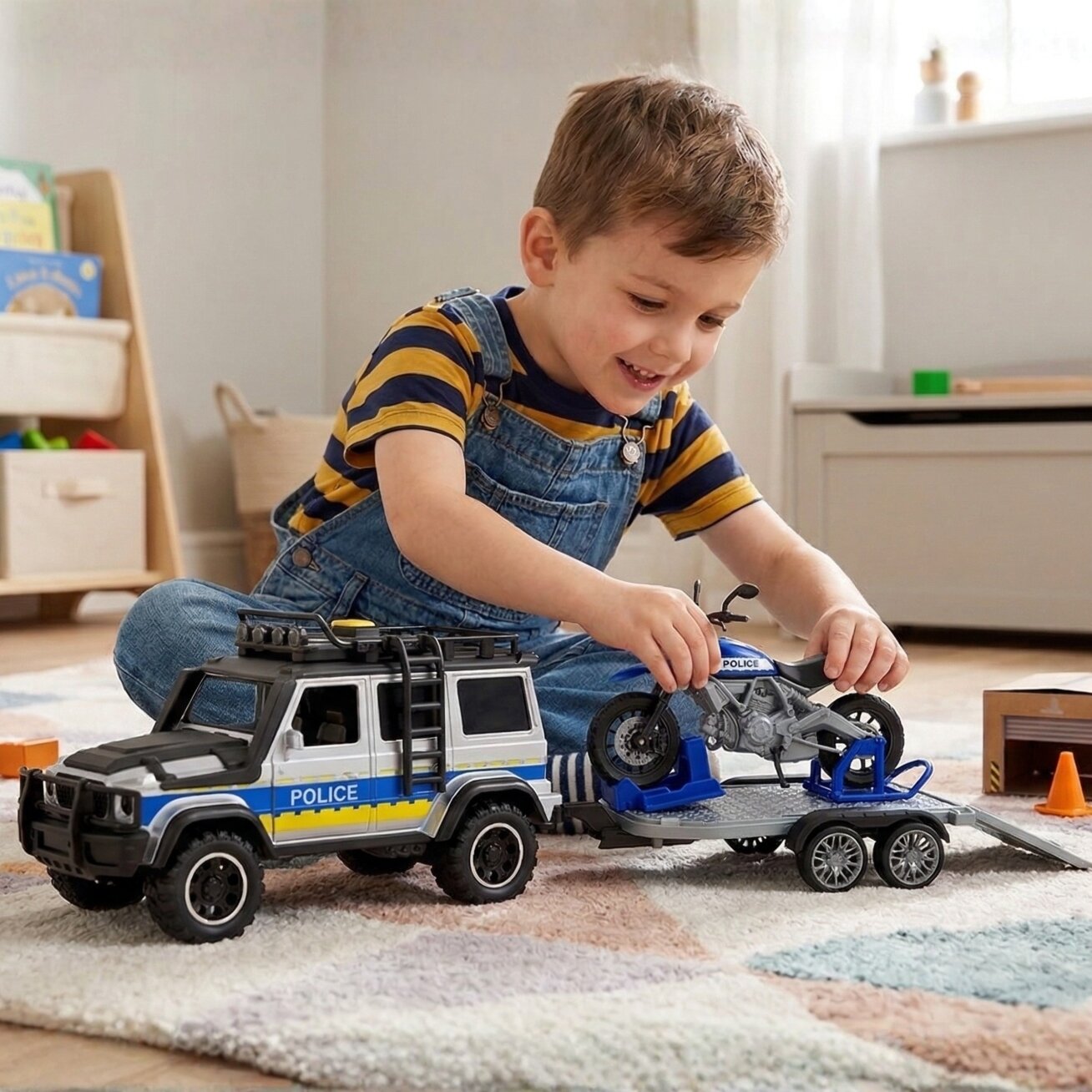 WOOPIE Policijos visureigio rinkinys su priekaba motociklui 1 WOOPIE Policijos visureigio rinkinys su priekaba motociklui 1