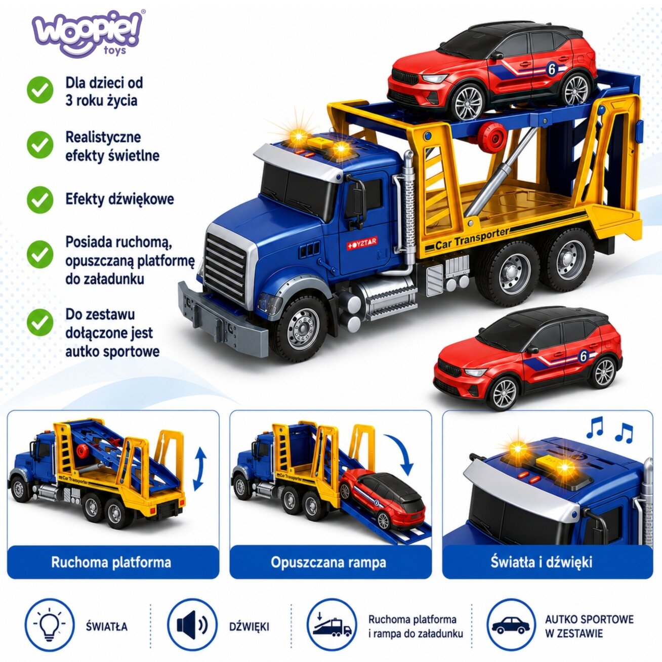 WOOPIE Autovežis Sunkvežimis Transporteris su automobiliuku Šviesa Garsas M 1:14 2 WOOPIE Autovežis Sunkvežimis Transporteris su automobiliuku Šviesa Garsas M 1:14 2