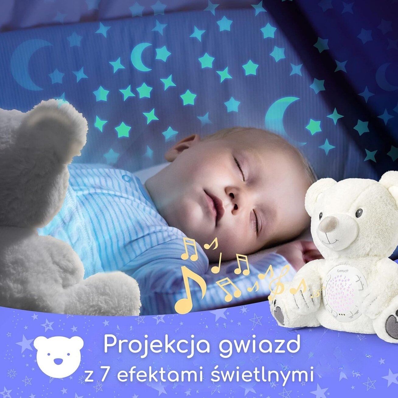 WOOPIE BABY minkštas žaislas meškiukas su projektoriumi, raminantis, 15 melodijų 2