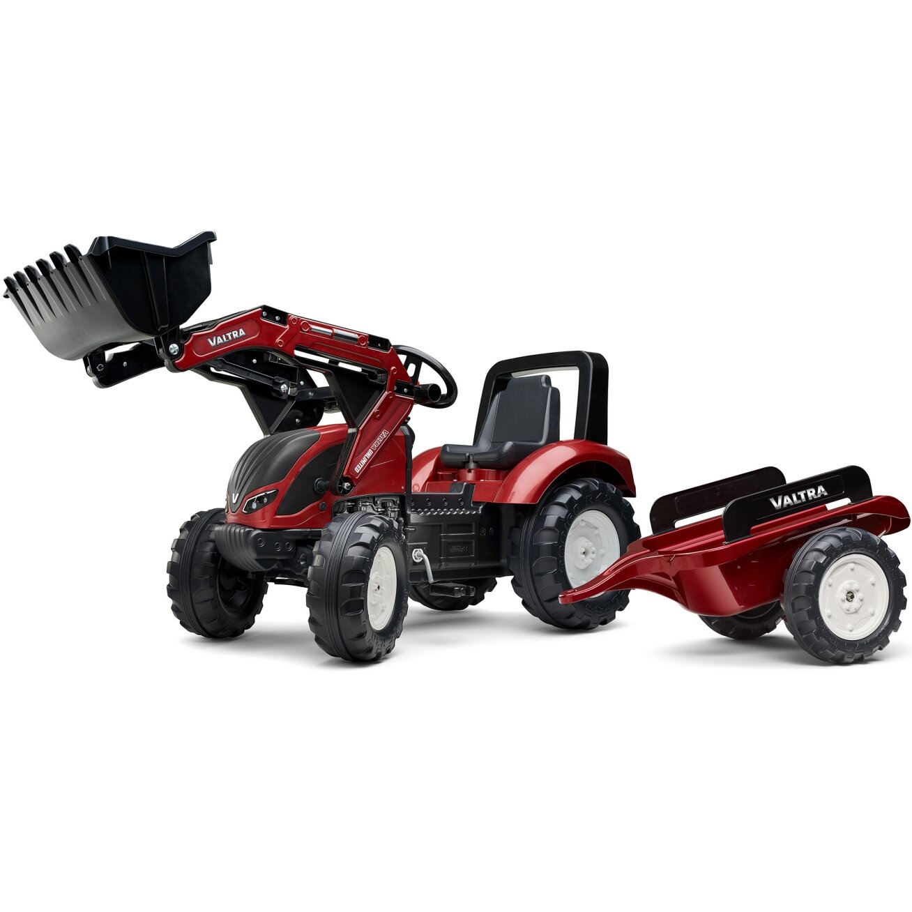 FALK pedalinis traktorius Valtra S4 su kaušu ir priekaba 3–7 m.