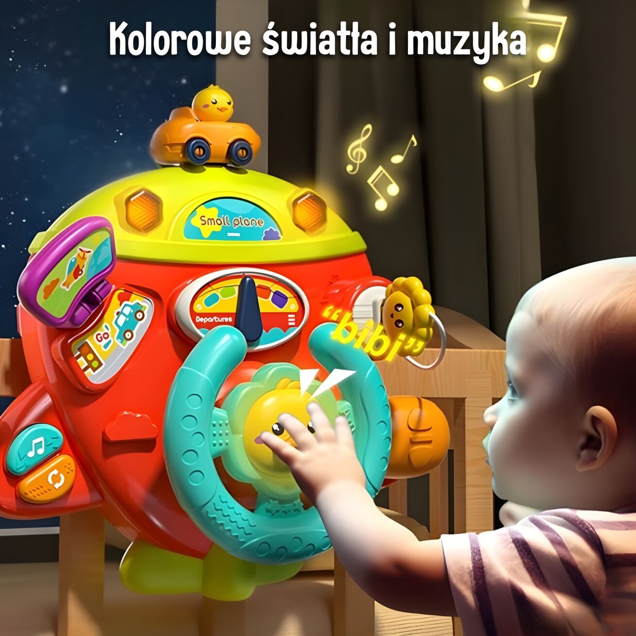 WOOPIE BABY Interaktyvus lėktuvo formos vairas, transporto priemonė tvirtinimui prie lovytės / vežimėlio, efektai 18m+ 5