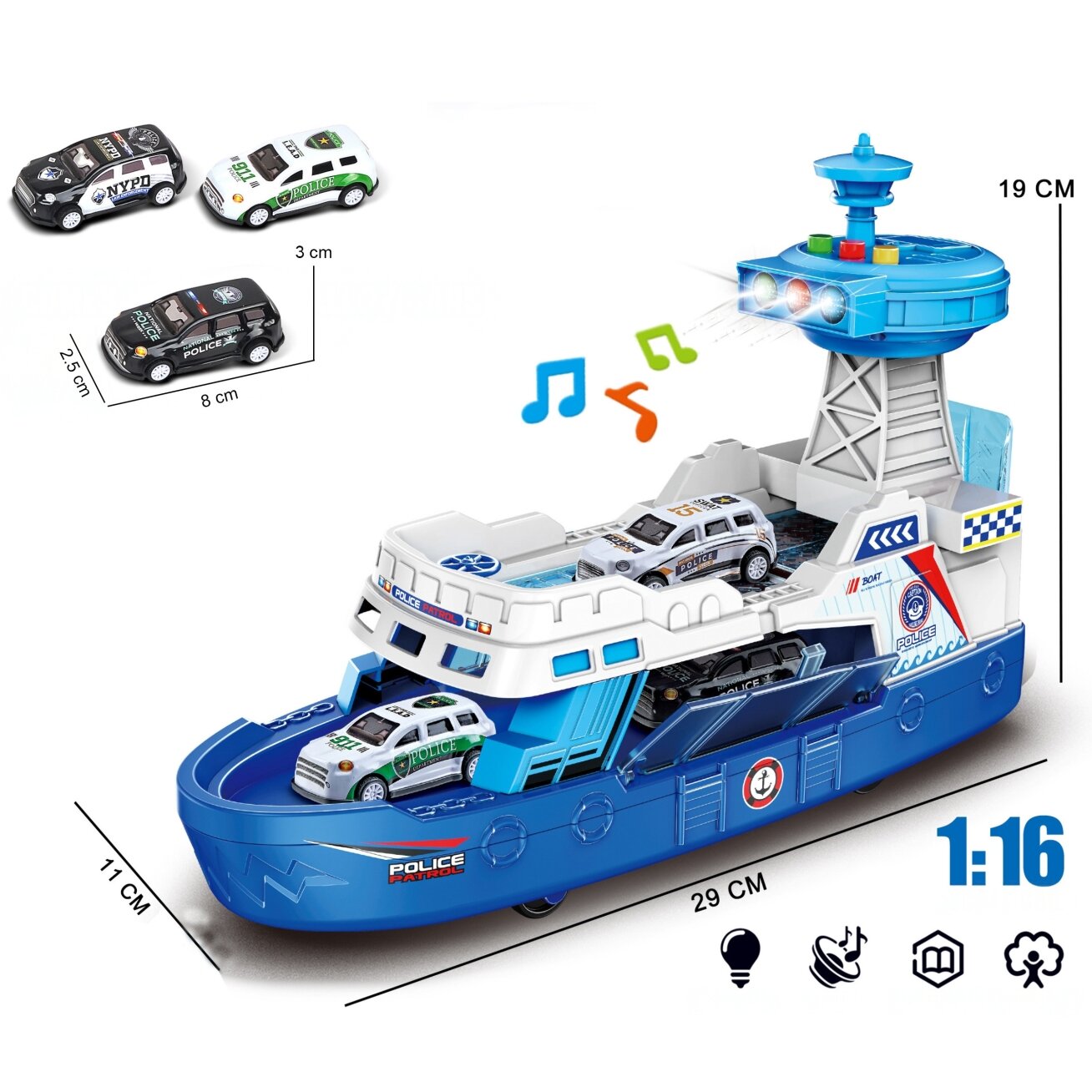 WOOPIE Interaktyvi policijos patrulinė valtis - mastelis 1:16 + 3 automobiliai 6