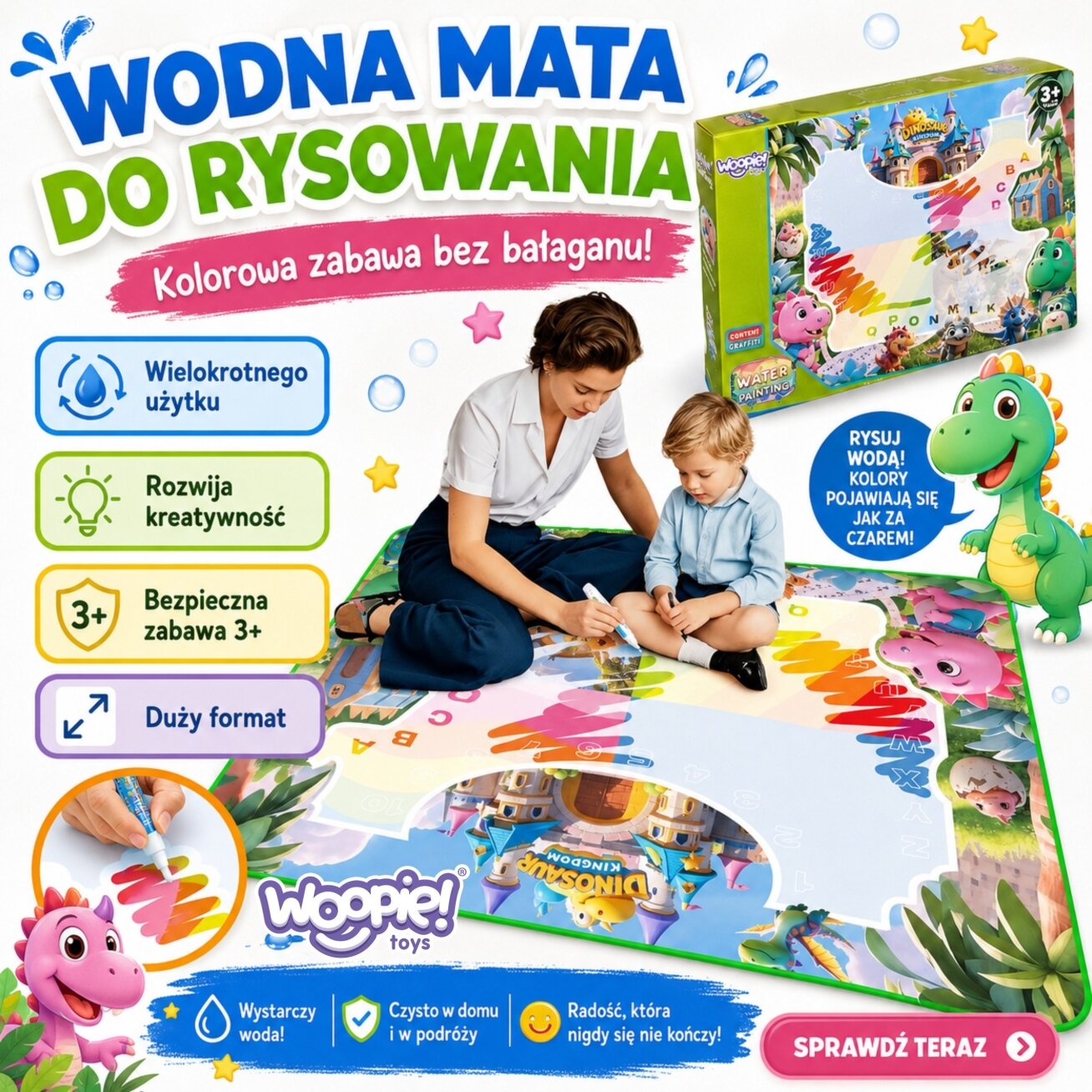 WOOPIE vandens piešimo kilimėlis vaikams su dinozaurais + priedai 1 WOOPIE vandens piešimo kilimėlis vaikams su dinozaurais + priedai 1