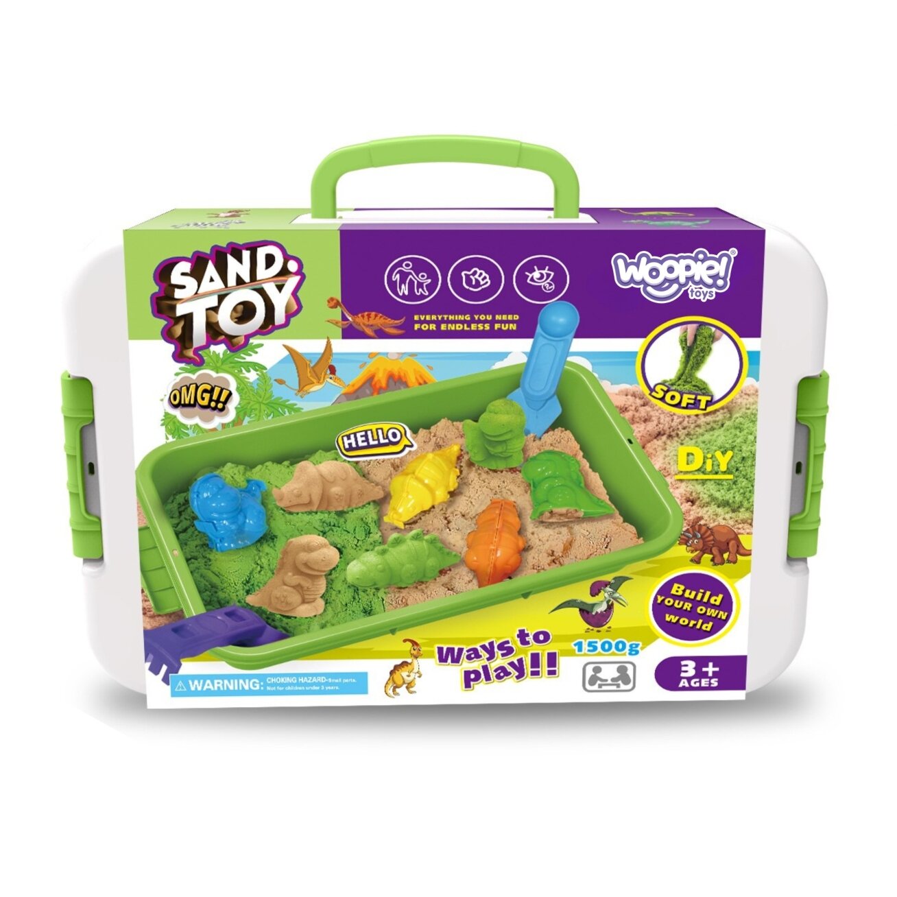 WOOPIE Kinetinis smėlis 1,5 kg XXL rinkinys ZOO Safari staliukas su formelėmis 2