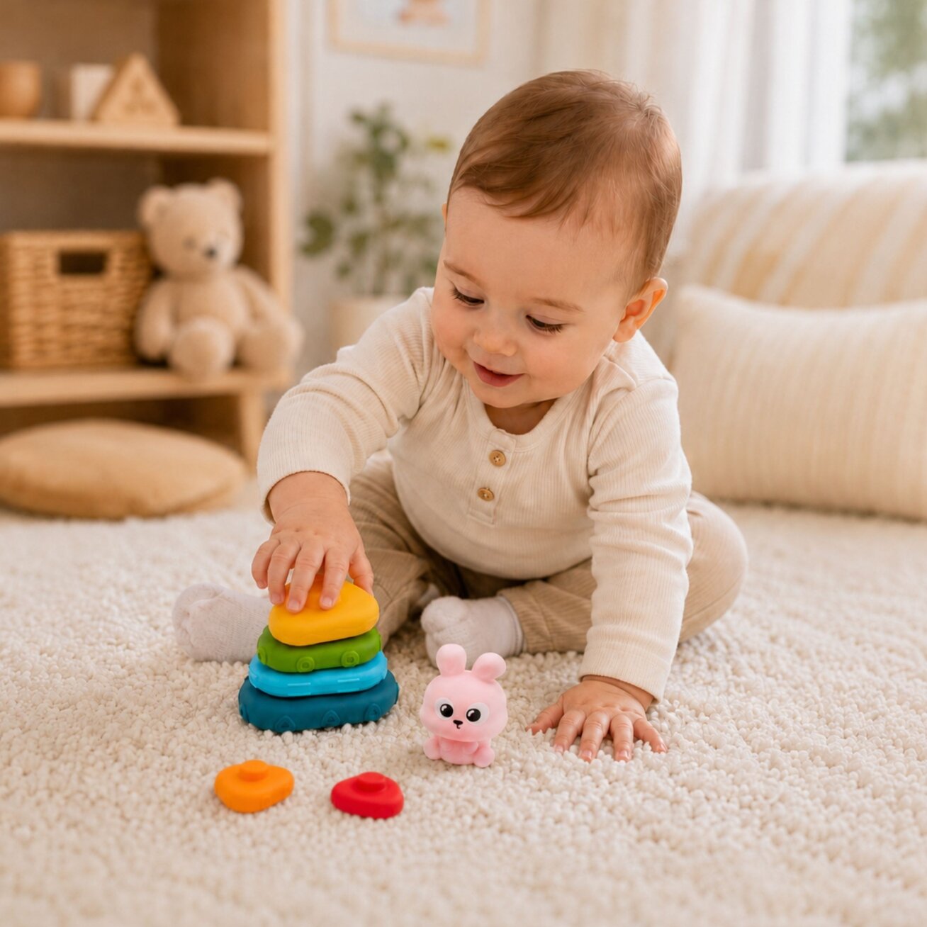 WOOPIE BABY Sensorinė piramidė Bokštelis Rūšiuotuvas Zuikutis 6m+ 1