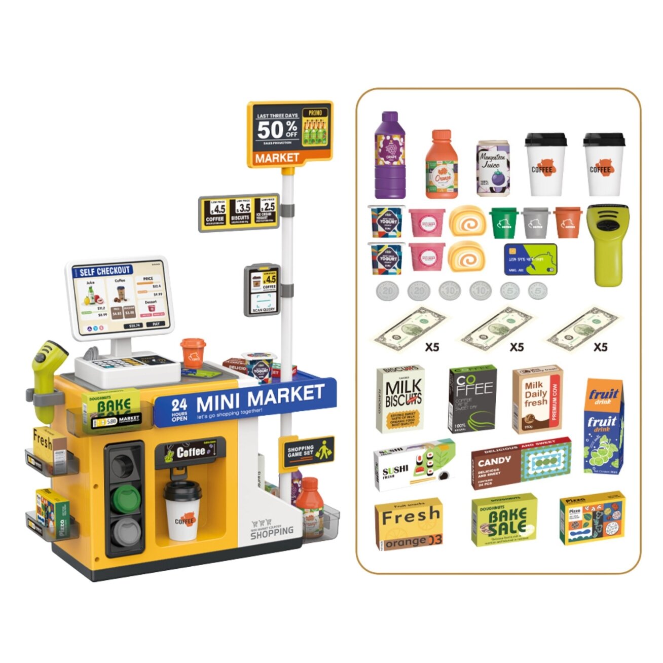 WOOPIE Parduotuvė Mini Market Interaktyvus kasos aparatas Skeneris Priedai Garsai Šviesa 5