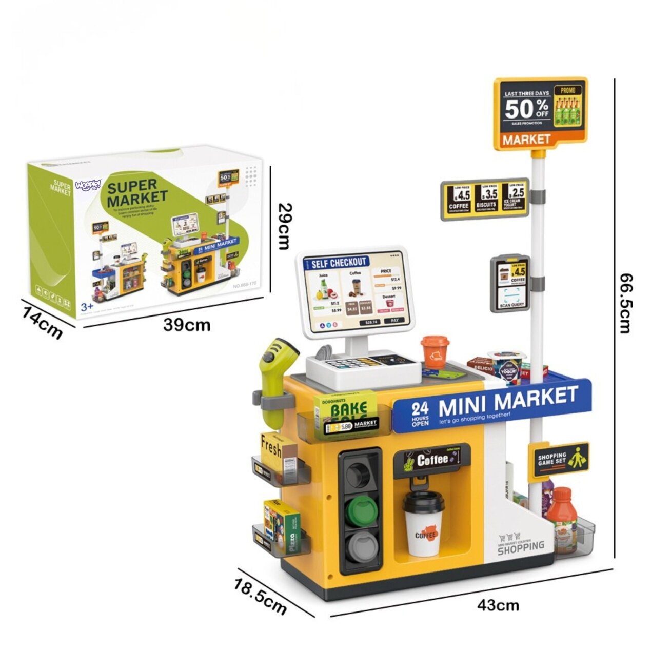 WOOPIE Parduotuvė Mini Market Interaktyvus kasos aparatas Skeneris Priedai Garsai Šviesa 6