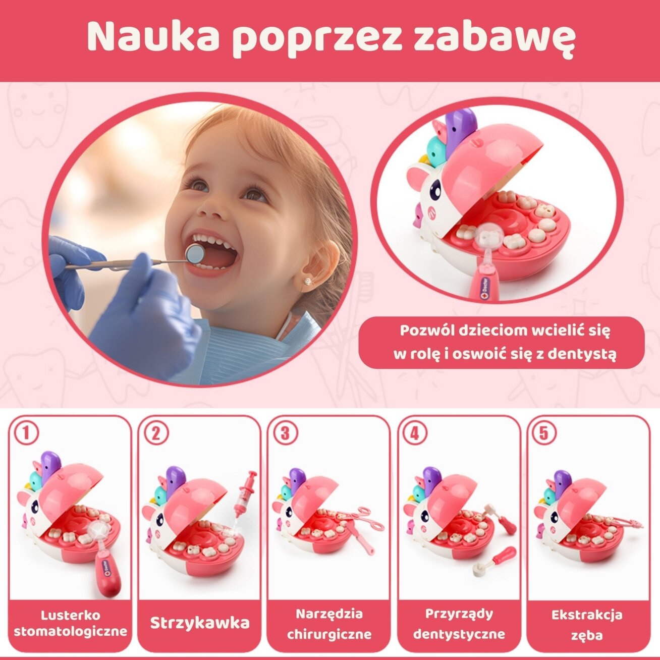 WOOPIE Mažojo odontologo rinkinys Vienaragio galva priedai 4