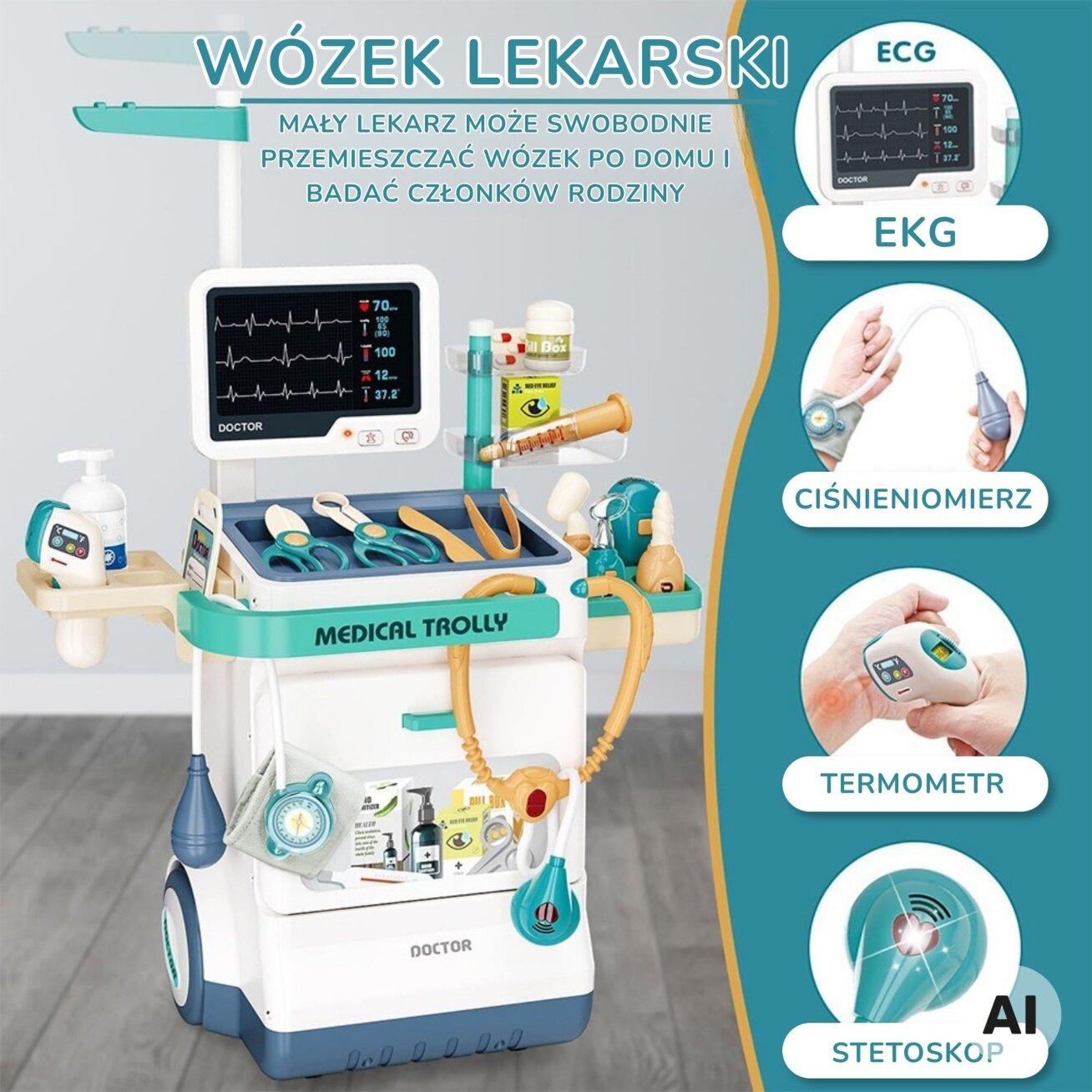 WOOPIE Gydytojo vežimėlis Rinkinys Mažasis daktaras EKG Garsas Šviesa Reguliuojamas 26el 2 WOOPIE Gydytojo vežimėlis Rinkinys Mažasis daktaras EKG Garsas Šviesa Reguliuojamas 26el 2