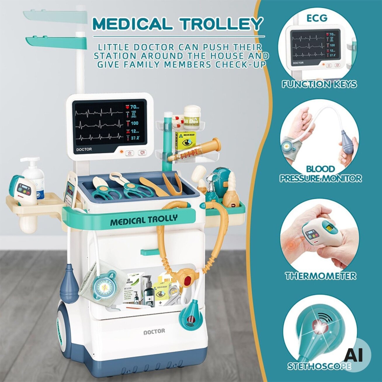 WOOPIE Gydytojo vežimėlis Rinkinys Mažasis daktaras EKG Garsas Šviesa Reguliuojamas 26el 7 WOOPIE Gydytojo vežimėlis Rinkinys Mažasis daktaras EKG Garsas Šviesa Reguliuojamas 26el 7