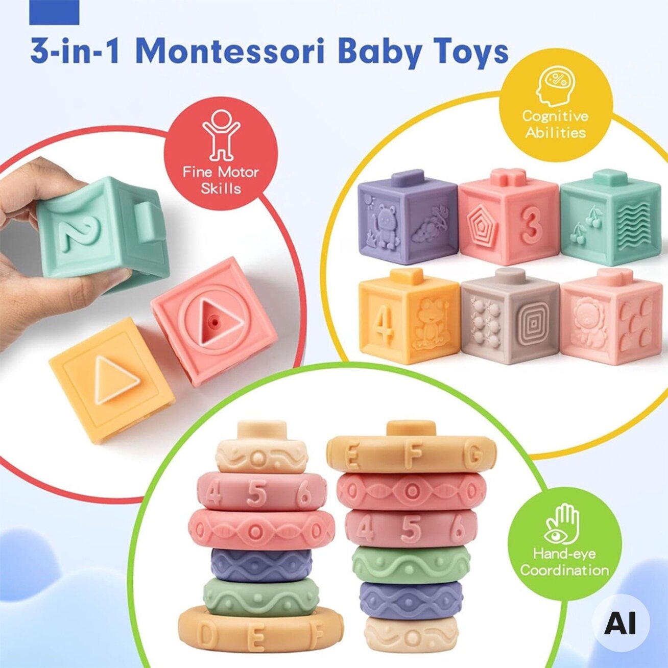 WOOPIE BABY Minkšti sensoriniai kaladėliai-kramtukai 23 el. 1 WOOPIE BABY Minkšti sensoriniai kaladėliai-kramtukai 23 el. 1