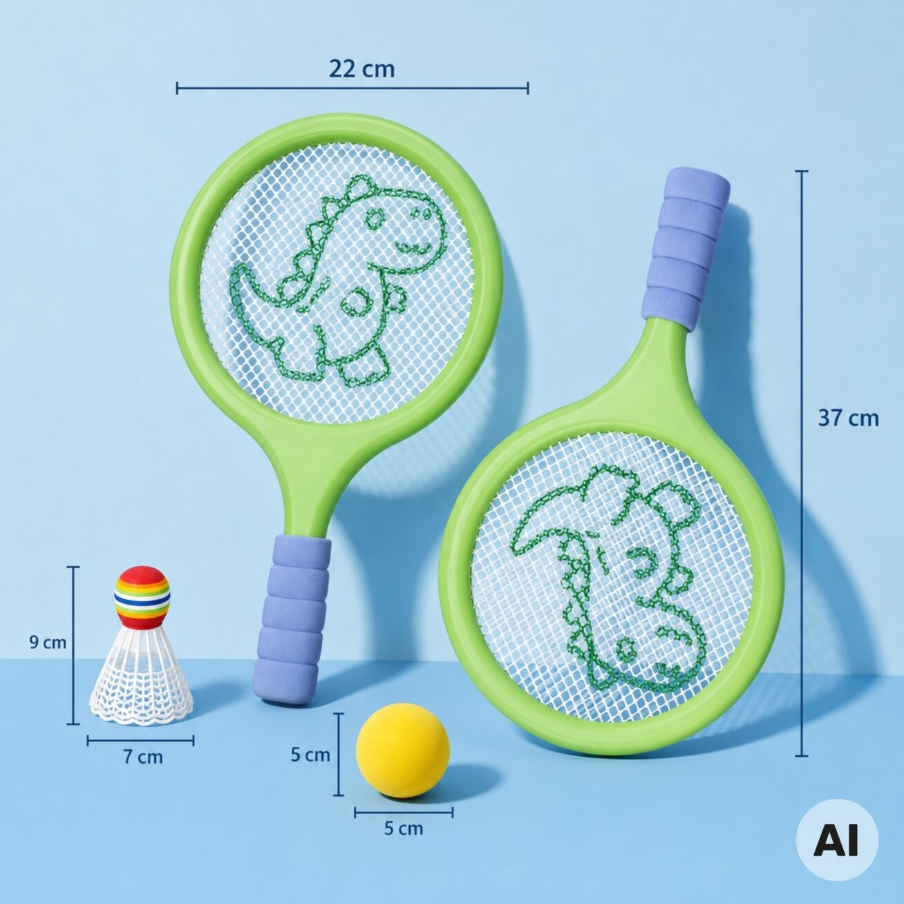 WOOPIE Badmintono ir teniso raketės su putų kamuoliuku ir plunksneliu Dinozauras 4