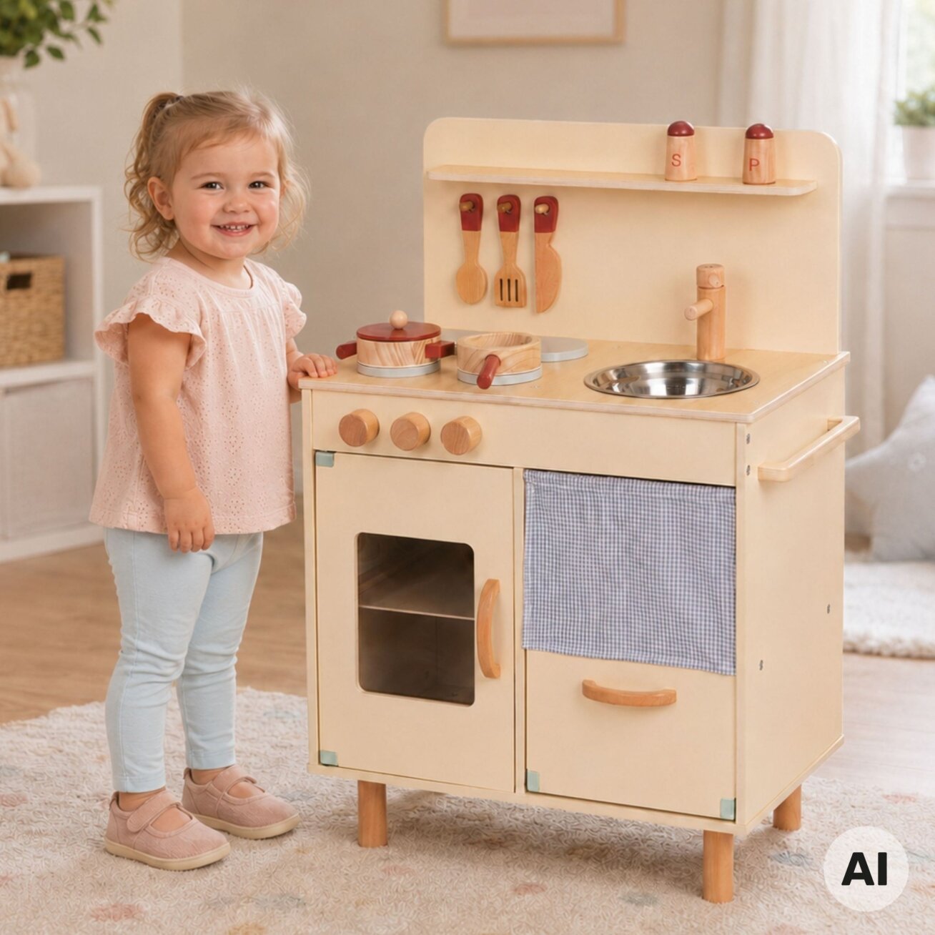 TOOKY TOY Medinė smėlio spalvos virtuvėlė su priedais 1 TOOKY TOY Medinė smėlio spalvos virtuvėlė su priedais 1