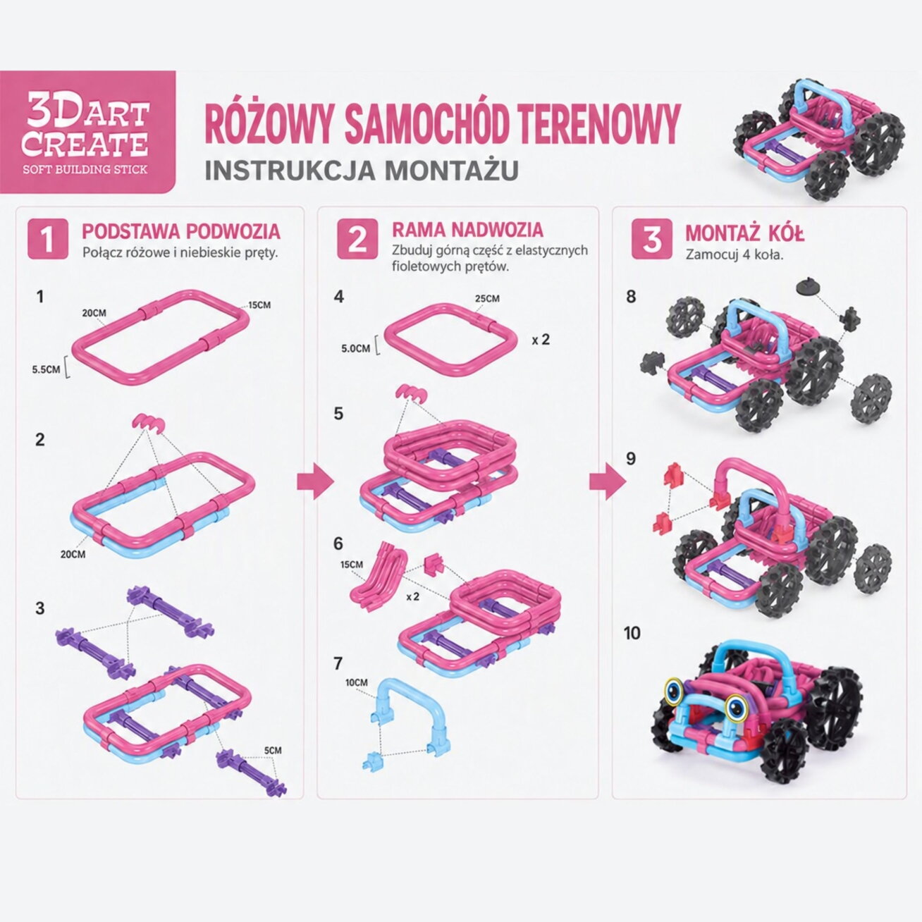 WOOPIE minkštos 3D konstravimo kaladėlės, 44 elementai, rožinis visureigis 3