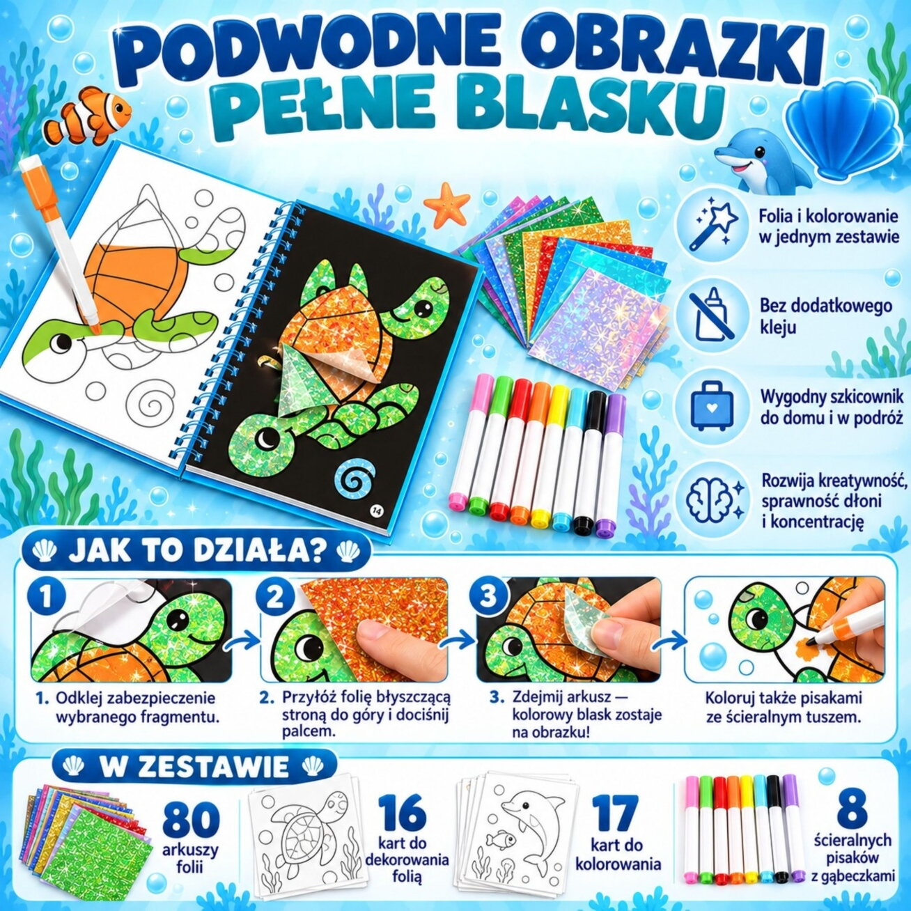 WOOPIE kūrybinis rinkinys „Delfinukas“ su folijos aplikacijomis ir spalvinimo paveikslėliais, 121 vnt. 2