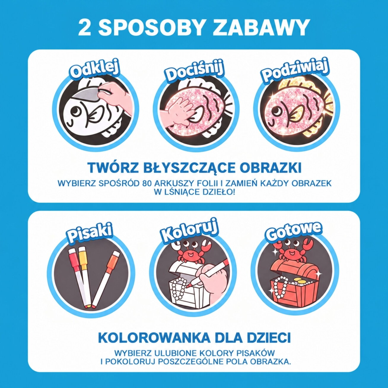 WOOPIE kūrybinis rinkinys „Delfinukas“ su folijos aplikacijomis ir spalvinimo paveikslėliais, 121 vnt. 10