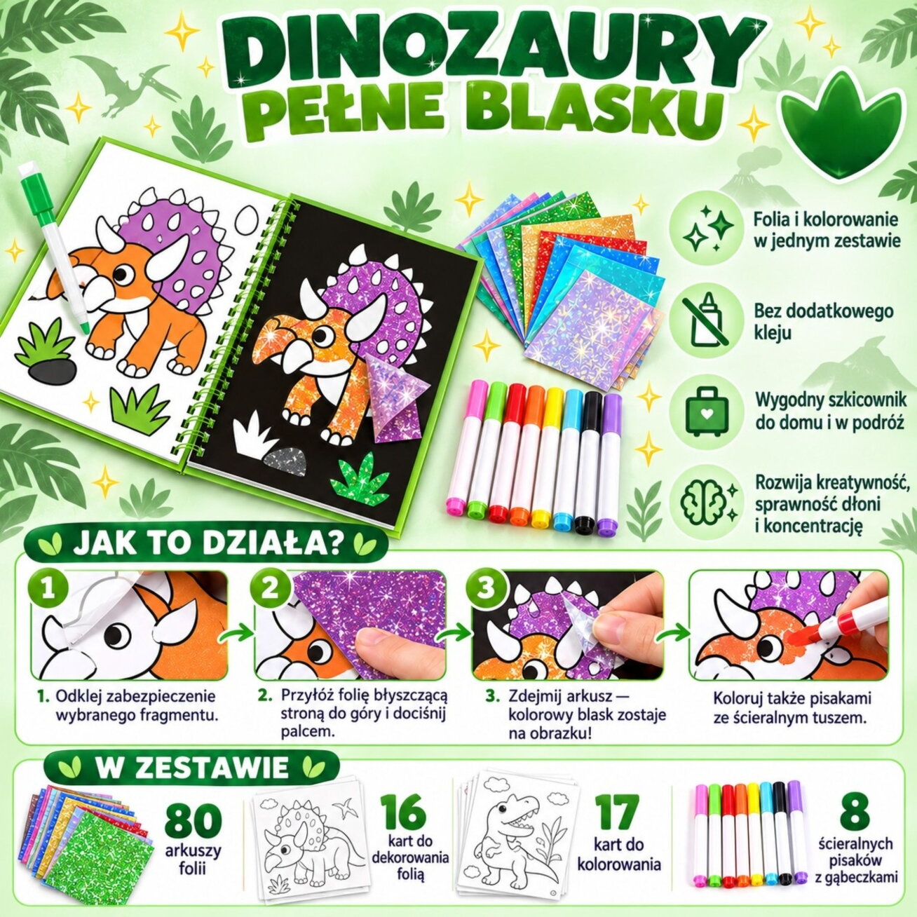 WOOPIE kūrybinis rinkinys – dekoravimas folija ir spalvinimas, dinozauras, 121 vnt. 2