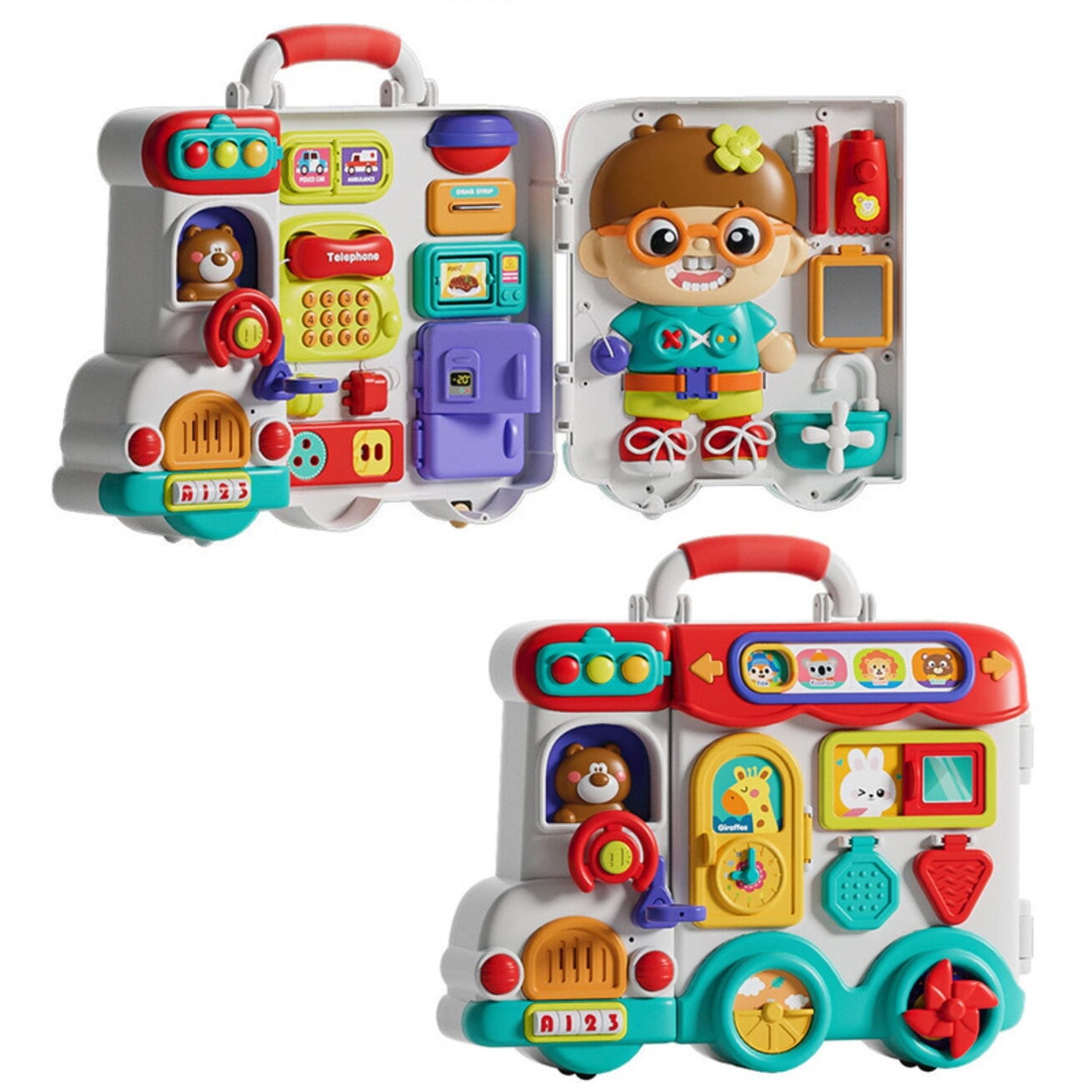 WOOPIE  BABY Interaktyvi veiklų lenta berniukui Busy Car 3w1 sensorinis lagaminėlis 4