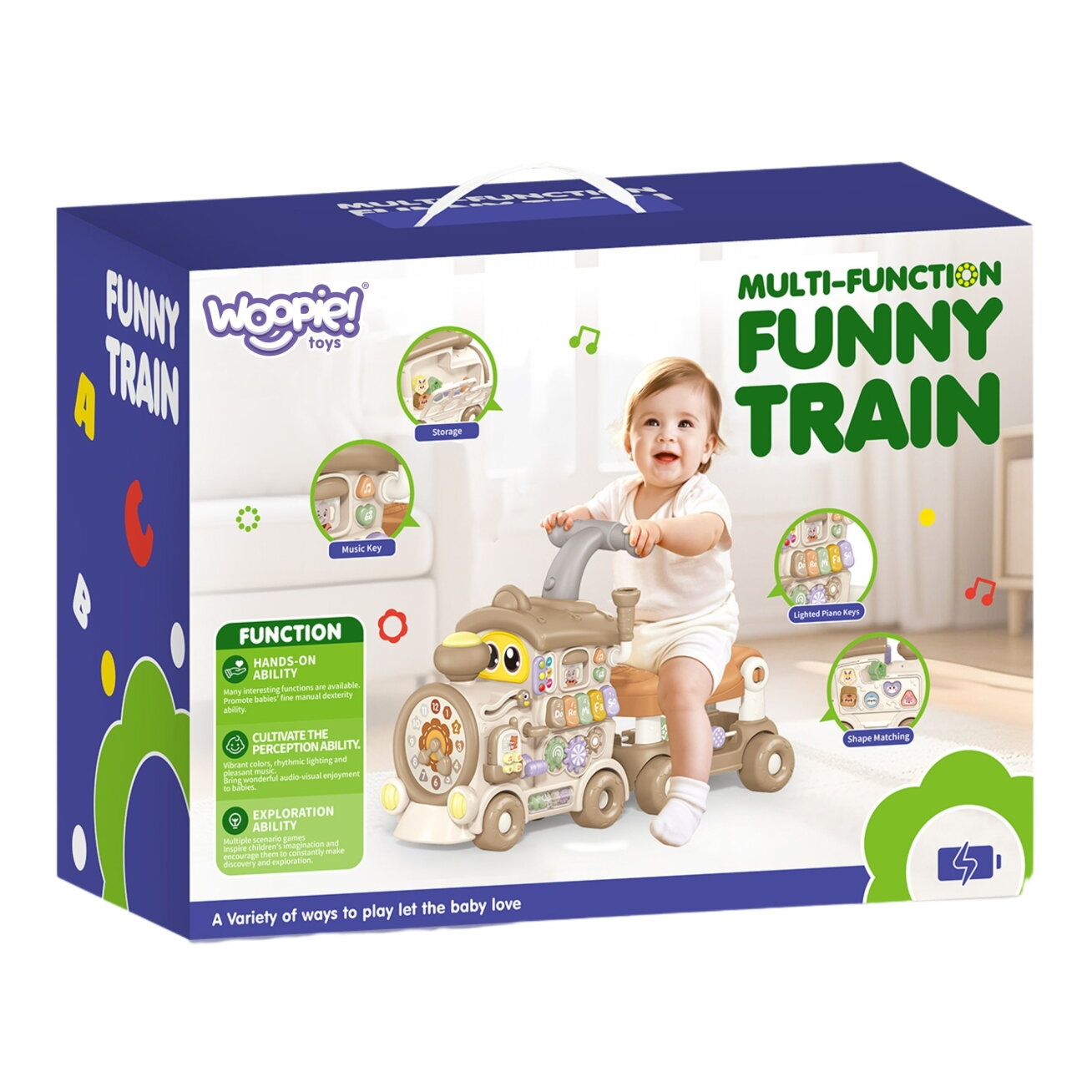 WOOPIE BABY interaktyvus traukinukas, stumdukas ir paspirtukas 3w1, lavinamasis, su garsais ir šviesomis 14