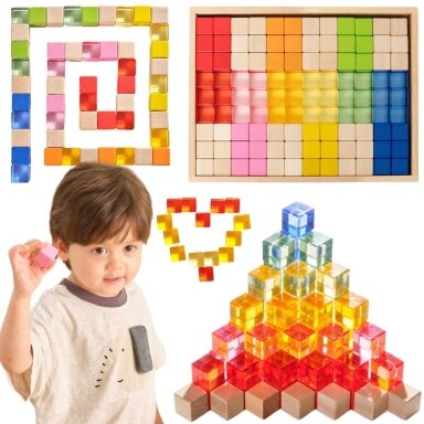 VIGA sensorinės kaladėlės medinės spalvotos permatomos Montessori 108 EL