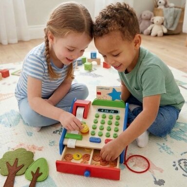 VIGA medinė parduotuvės kasa su priedais – Montessori skeneris